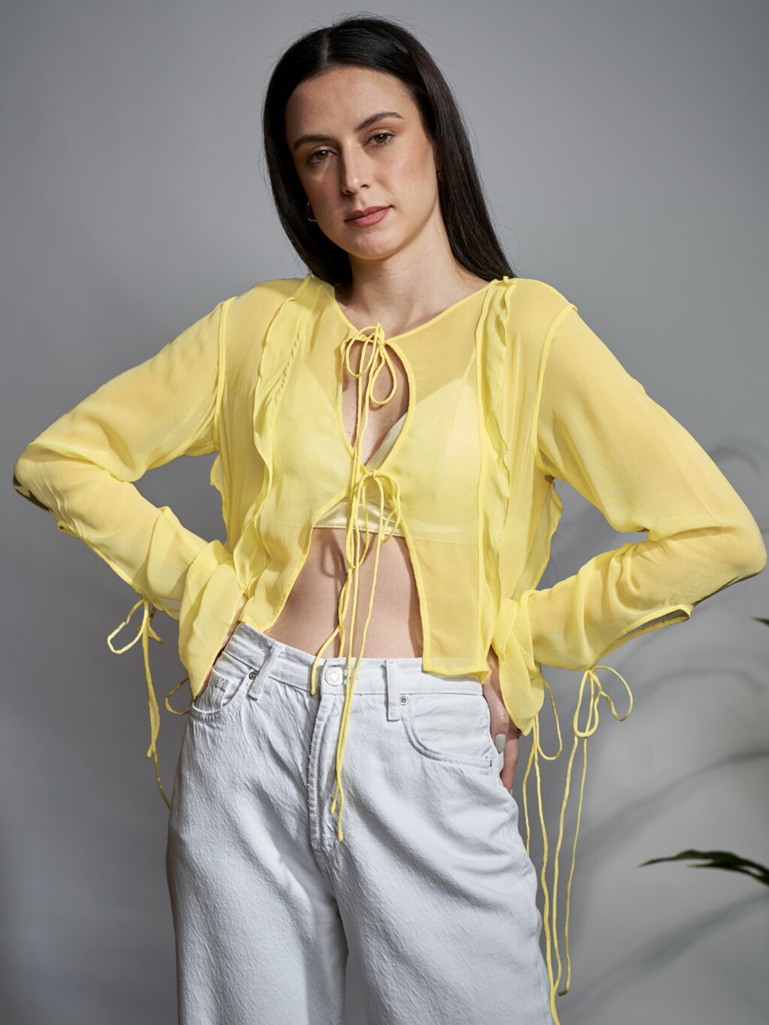 

The Samoa Tie-Up Neck Bell Sleeve Ruffles Top, Yellow