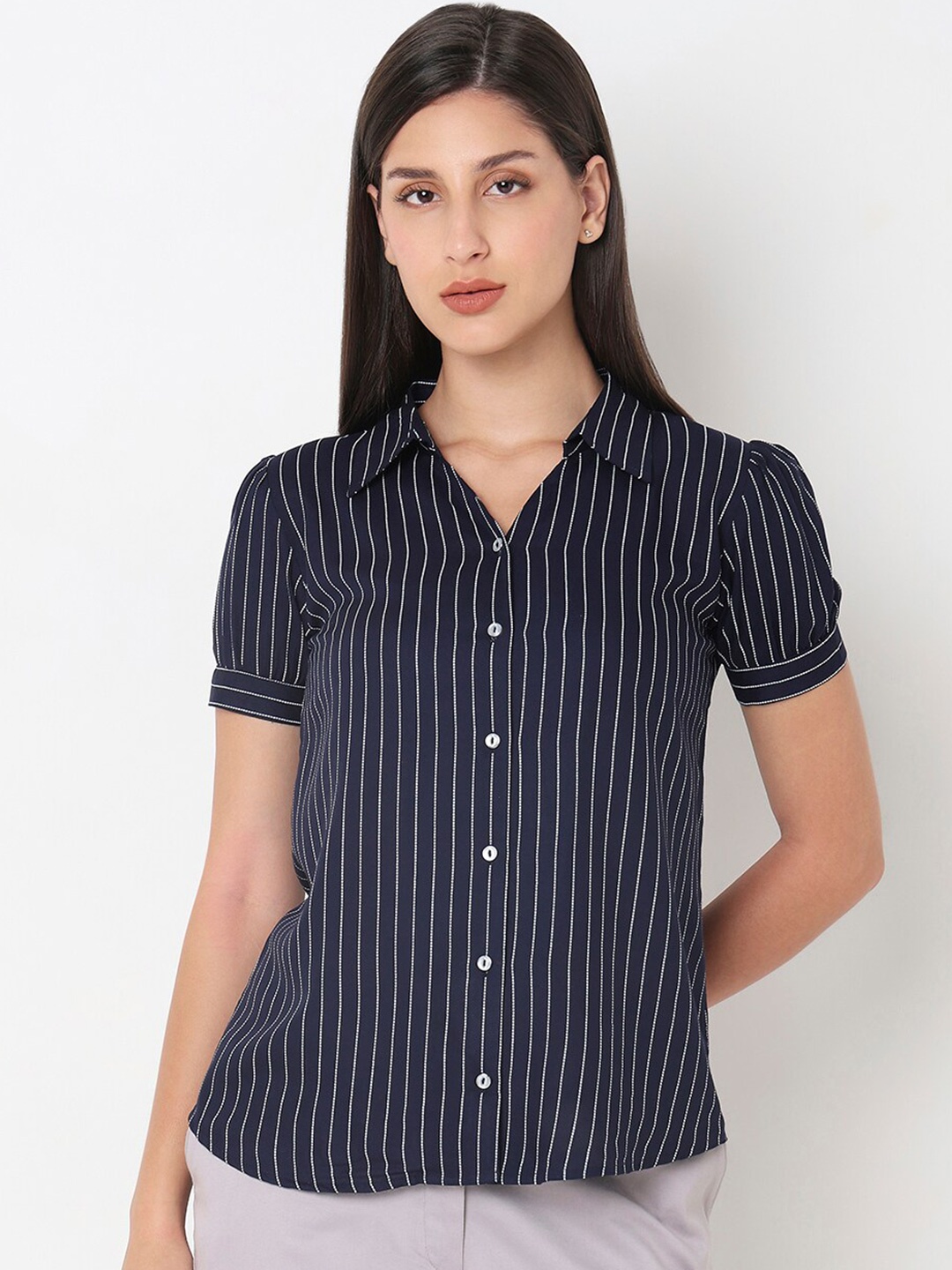 

NOT SO PINK Smart Striped Spread Collar Puff Sleeves Cotton Casual Shirt, Navy blue