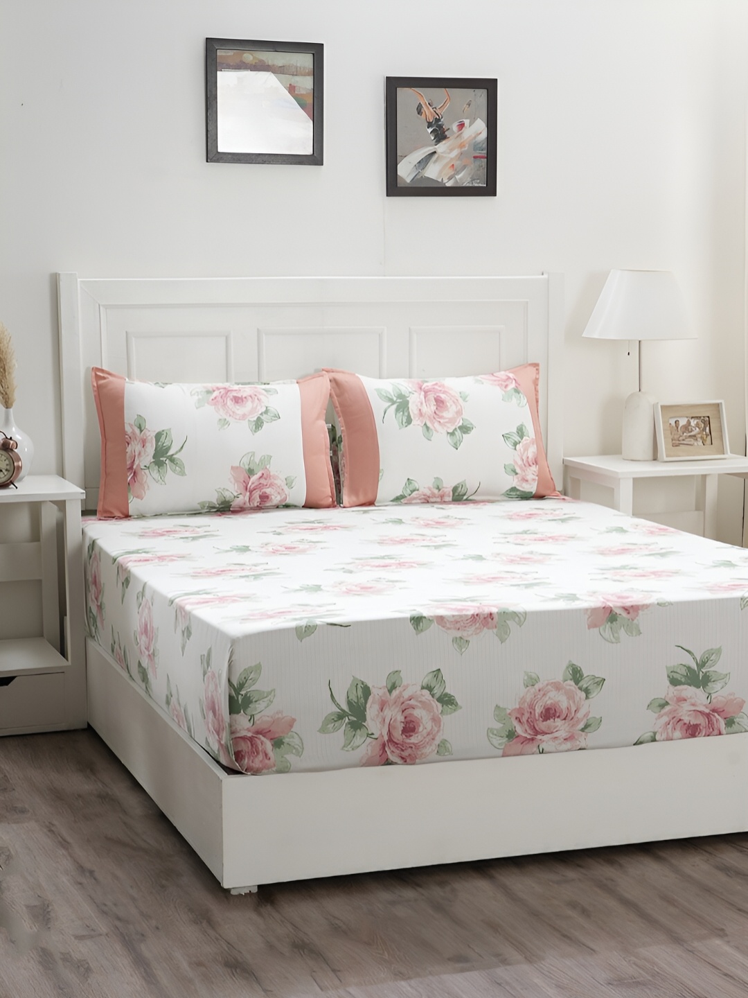 

MASPAR Pink & White Floral Cotton 200TC King Bedsheet With 2 Pillow Covers