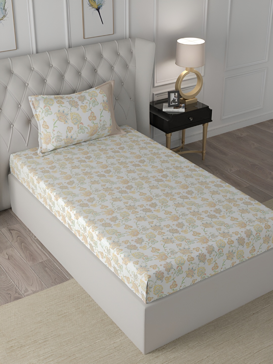 

MASPAR Orange Colored Floral Printed 200TC Cotton Single Bedsheet With Pillow Cover
