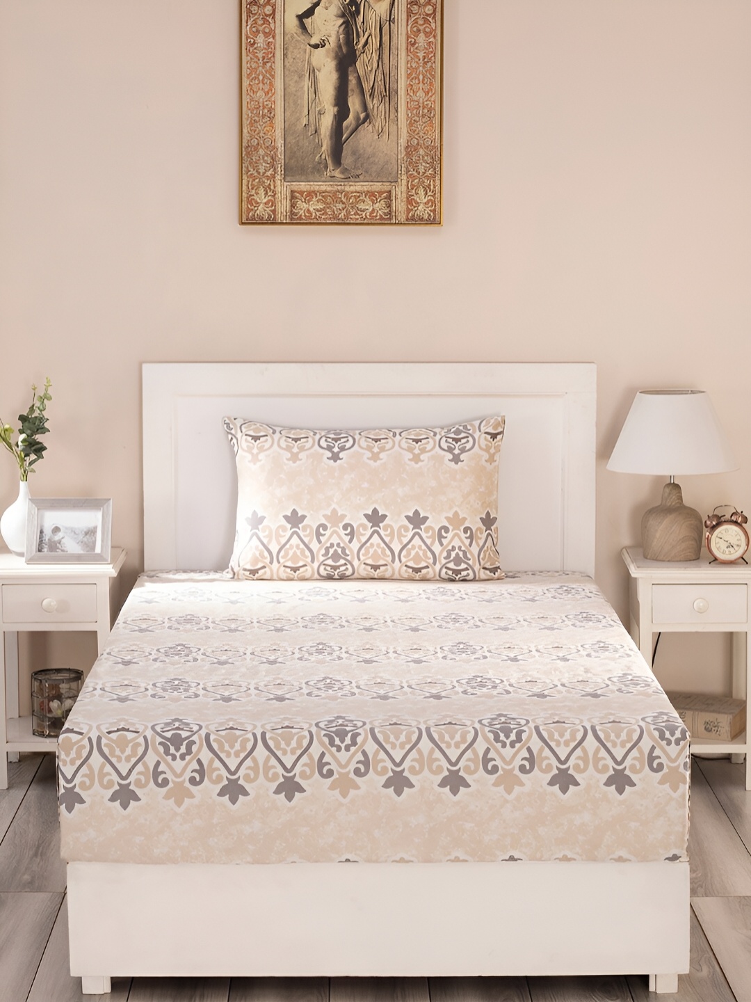 

MASPAR Beige & Grey Printed 300TC Cotton Double Bedsheet With Pillow Cover