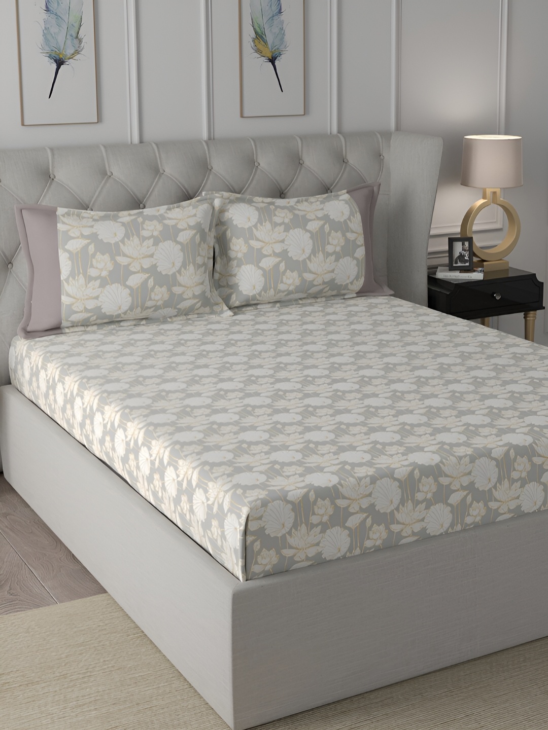

MASPAR Yellow & Grey Floral Printed 200TC Cotton King Bedsheet With 2 Pillow Cover