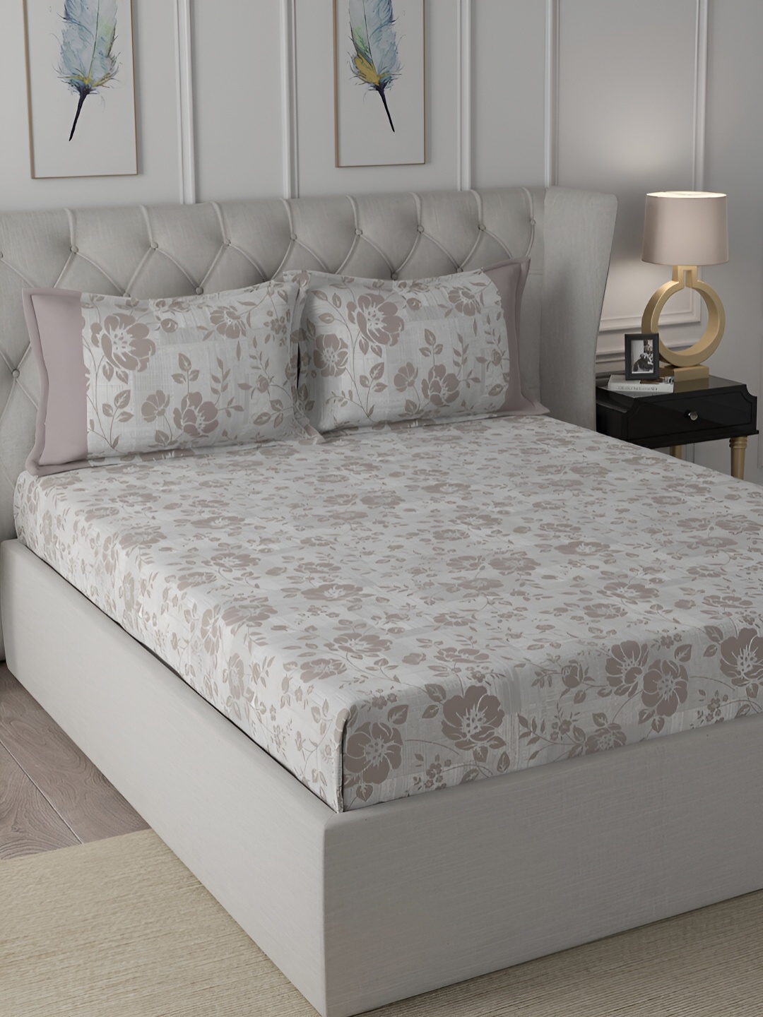 

MASPAR Brown & Grey Floral Printed 200TC Cotton Double Bedsheet With Pillow Cover