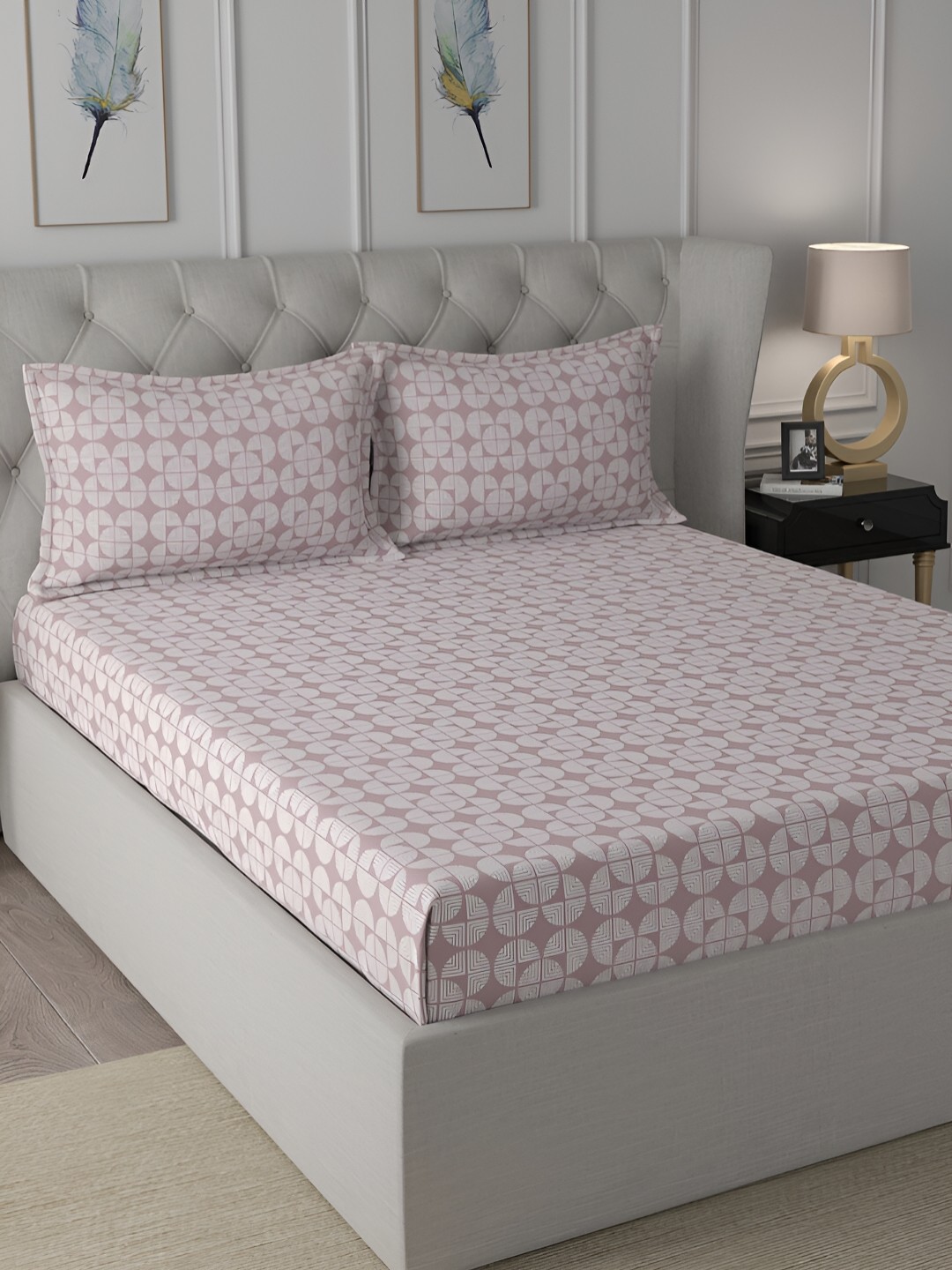 

MASPAR Pink & White Printed 144 TC Cotton King Bedsheet With Pillow Cover