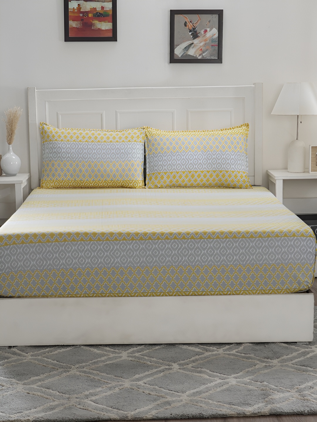 

MASPAR Optimist Bloom Yellow Abstract Cotton 144 TC Double Queen Bedsheet & 2Pillow Covers