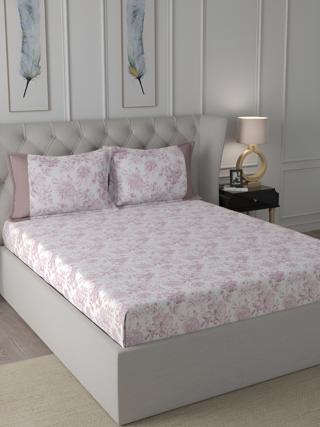 

MASPAR Pink & White Floral Printed 144TC Cotton Single Bedsheet With Pillow Cover