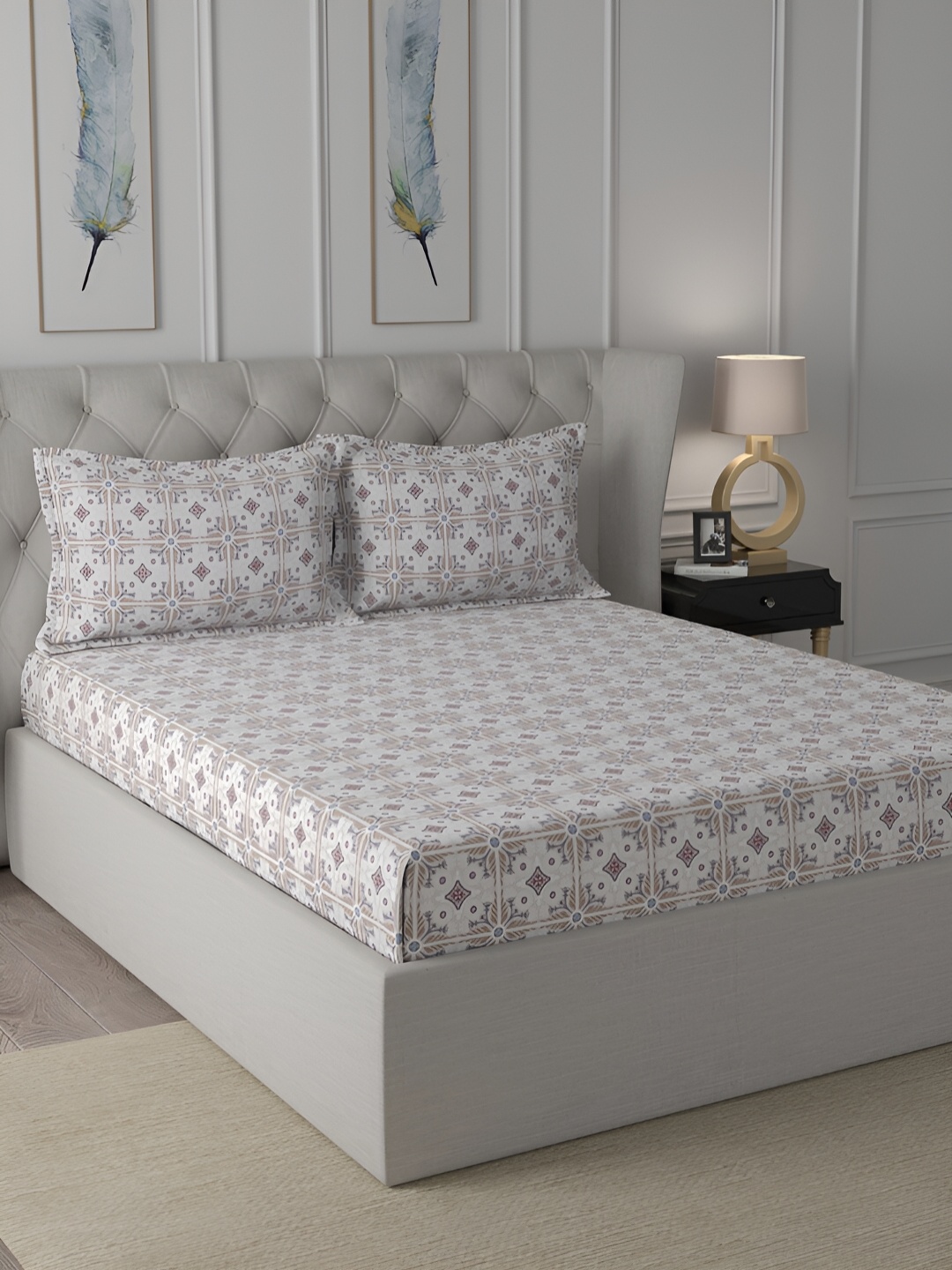

MASPAR Pink & Beige Printed 144TC Cotton King Bedsheet With 2 Pillow Cover