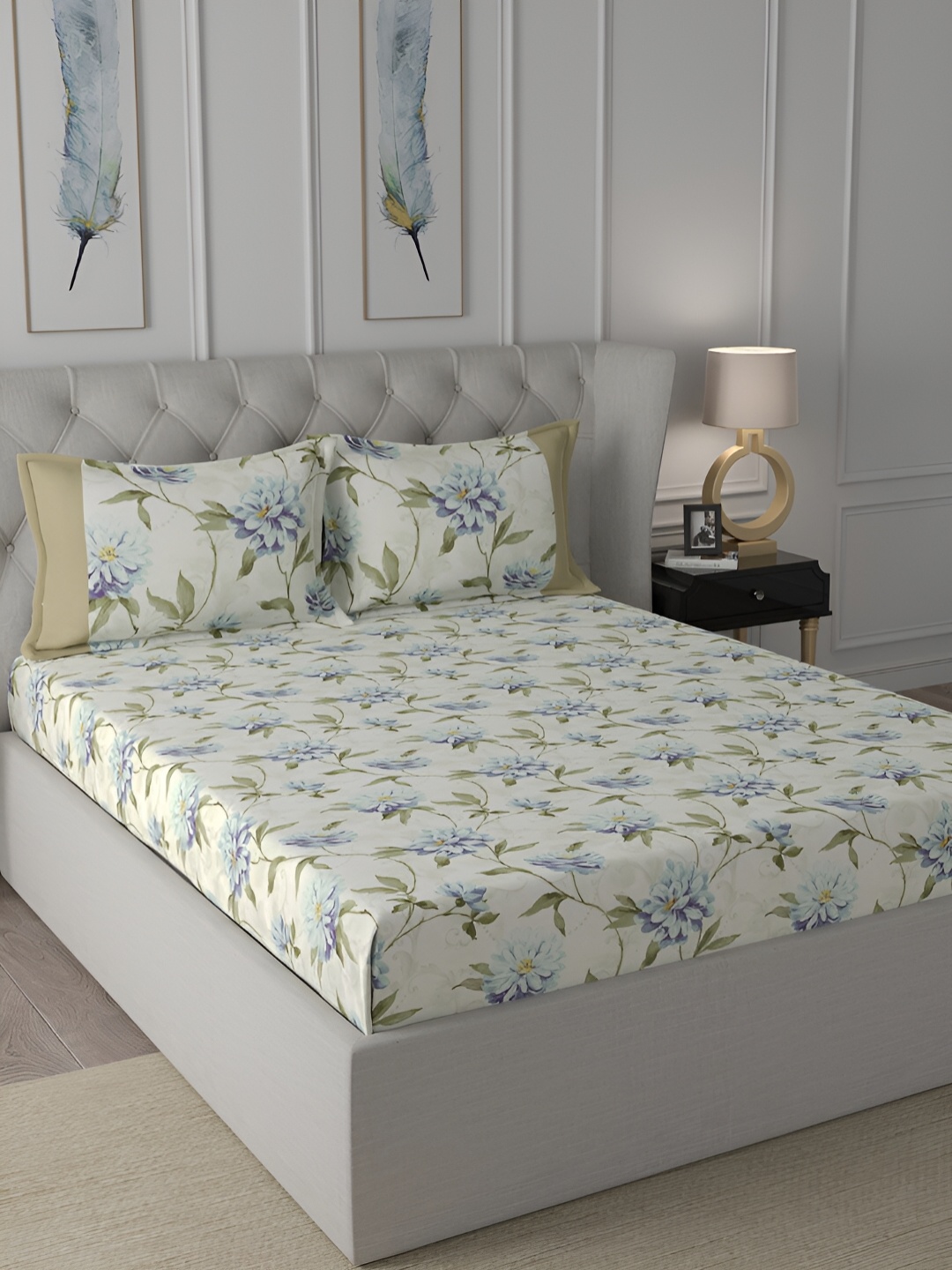 

MASPAR Regency Blue Floral Cotton 144TC Single Bedsheet With Pillow Cover