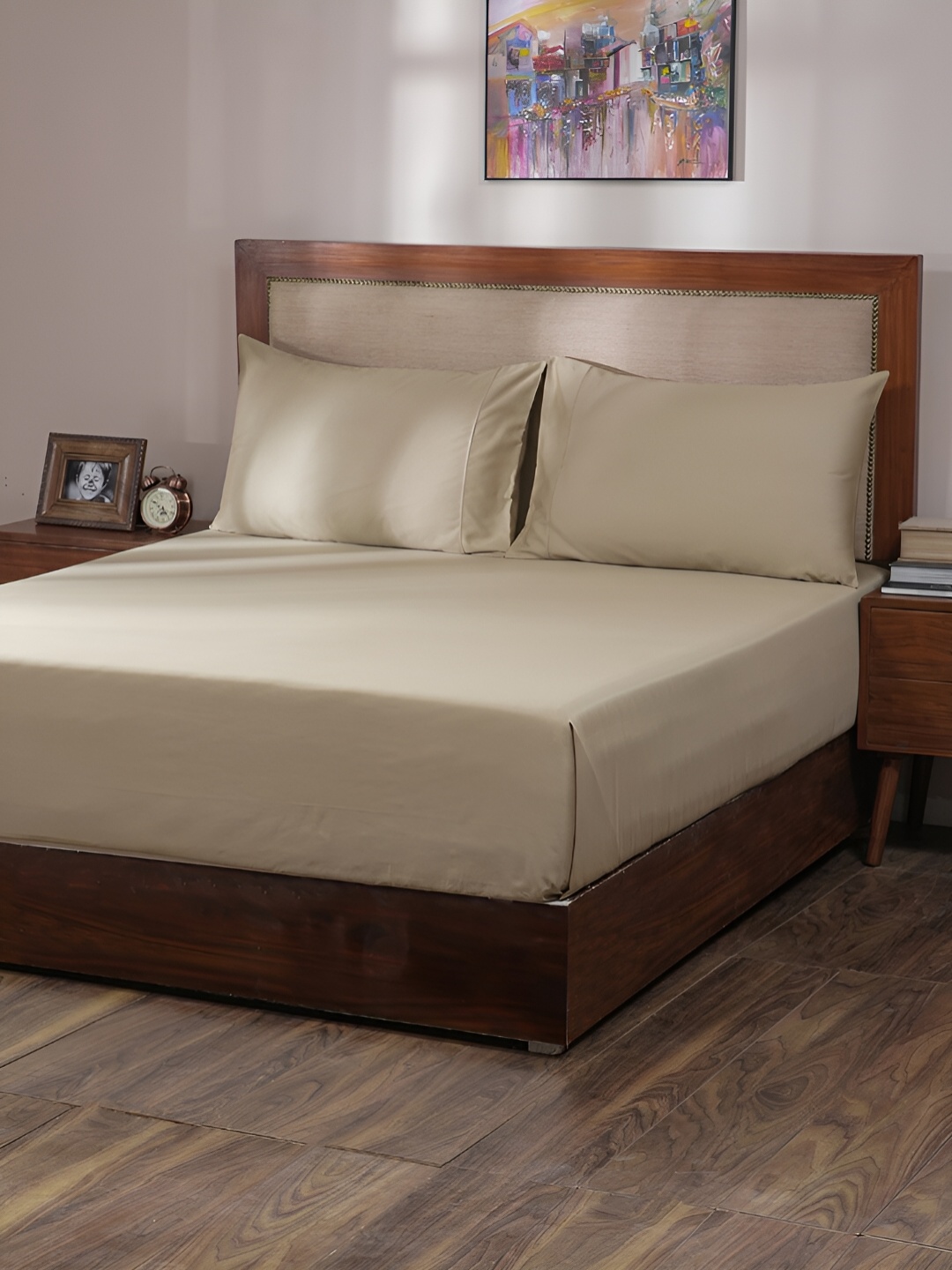 MASPAR Beige 400TC Cotton King Bedsheet With Pillow Covers