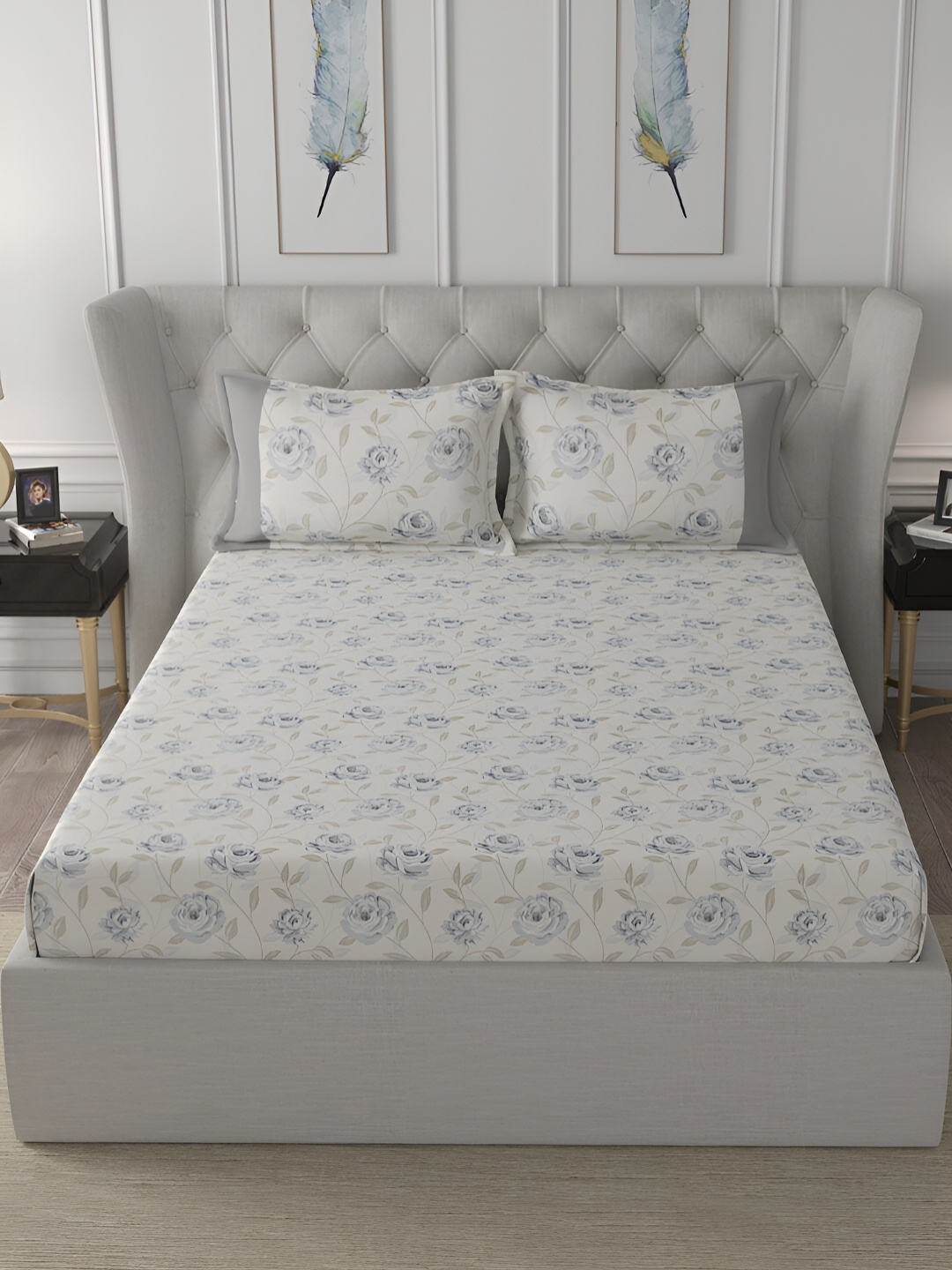 

MASPAR Blossom Couture White Printed 200 TC Cotton Double Queen Bedsheet & 2 Pillow Covers