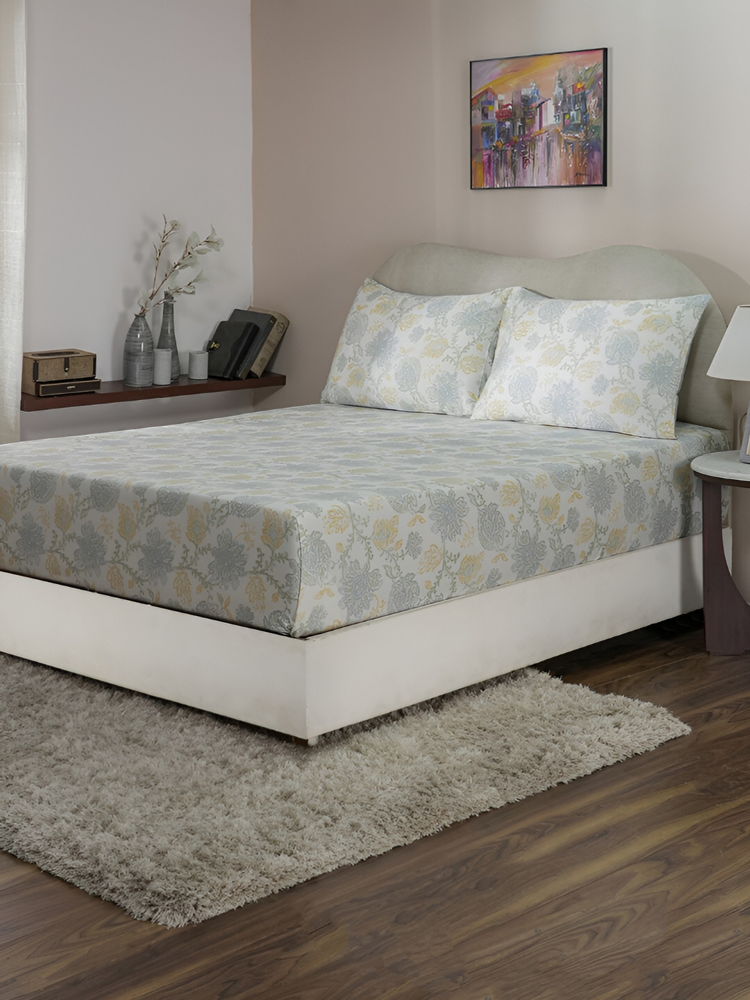 

MASPAR White Printed 200 TC Cotton Double King Bedsheet & 2 Pillow Covers