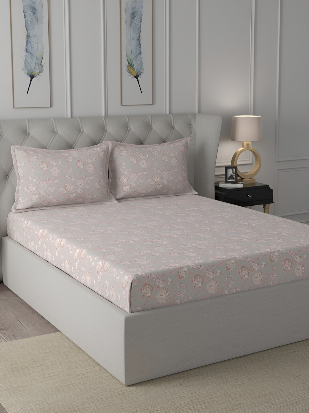 

MASPAR Pink & Grey Floral Printed 144TC Cotton King Bedsheet With Pillow Cover