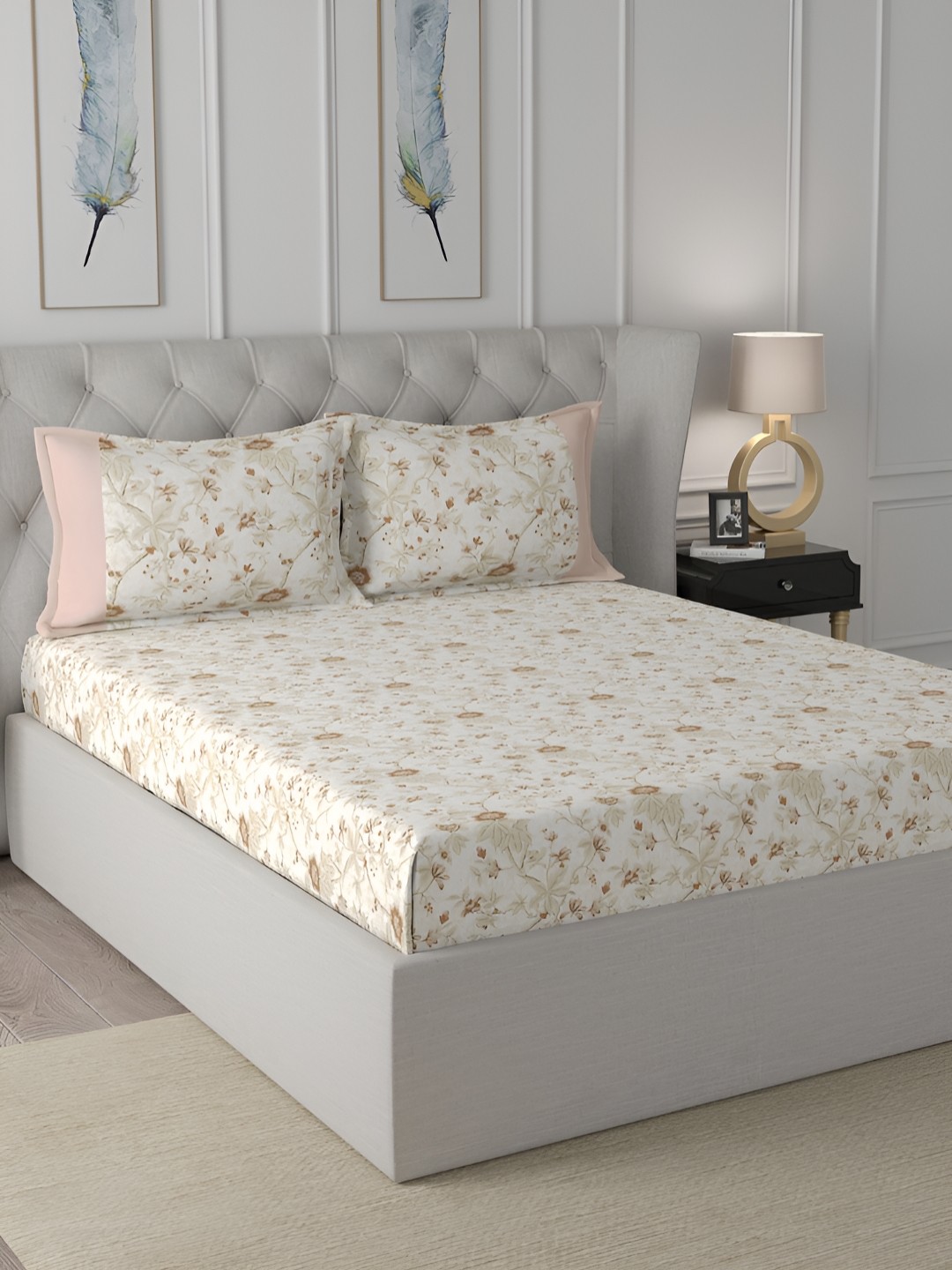 

MASPAR Hermosa Florescence White Printed 144 TC Cotton Double King Bedsheet Set