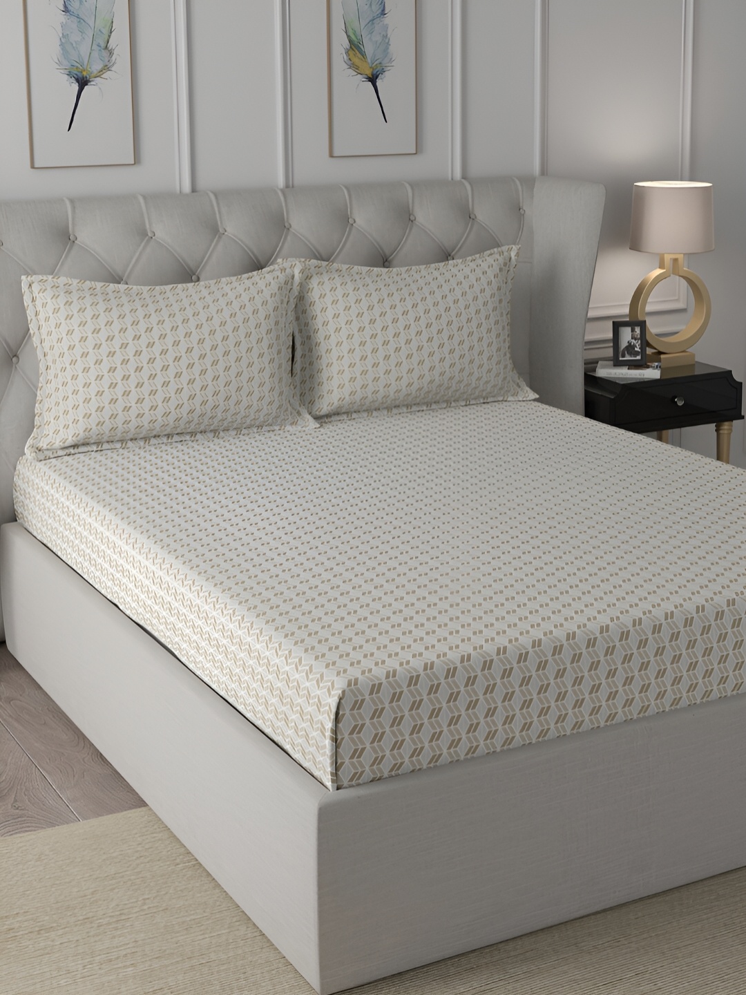 

MASPAR Beige & Grey Printed 144TC Cotton King Bedsheet With Pillow Cover