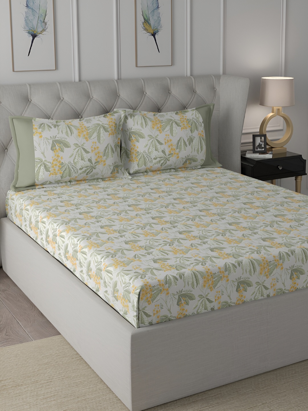 

MASPAR Yellow & Green Floral Printed 200TC Cotton Single Bedsheet With Pillow Cover