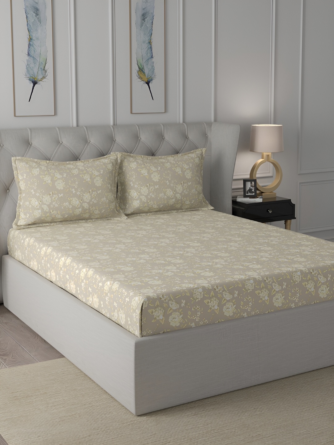 

MASPAR Ardour Beige Floral Cotton 144 TC Double King Bedsheet & 2 Pillow Covers, Grey
