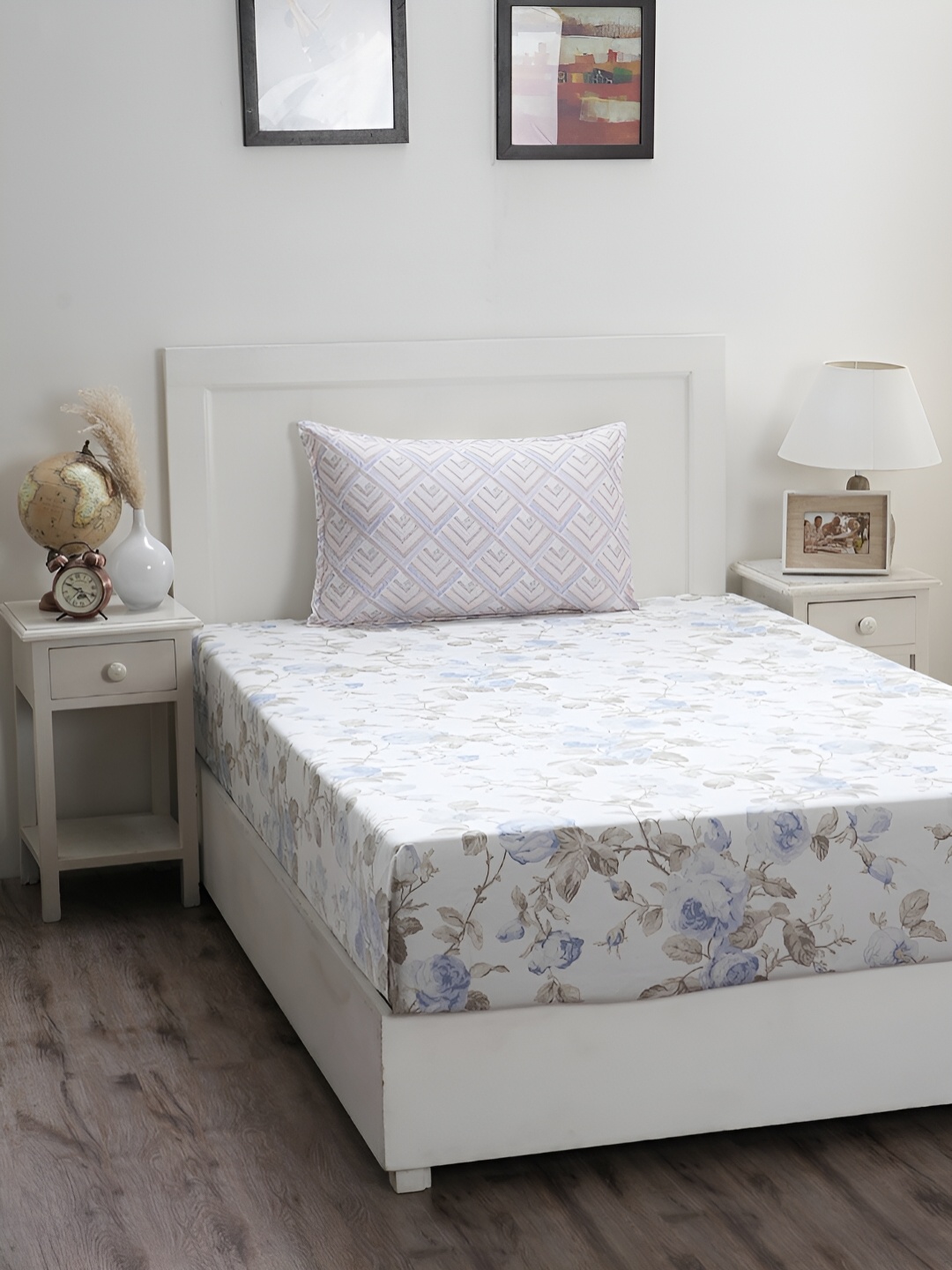 

MASPAR Optimist Bloom White & Blue Printed 300 TC Cotton Single Bedsheet & 1 Pillow Cover