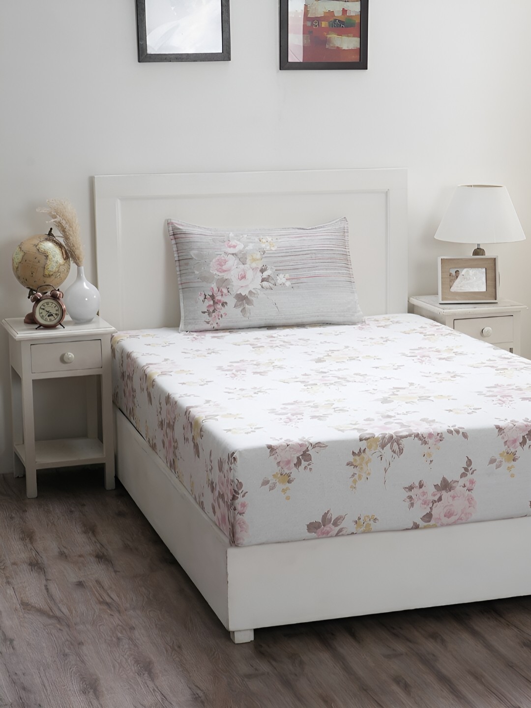 

MASPAR Optimist Bloom White Floral-Printed 300TC Cotton Single Bedsheet & Pillow Cover