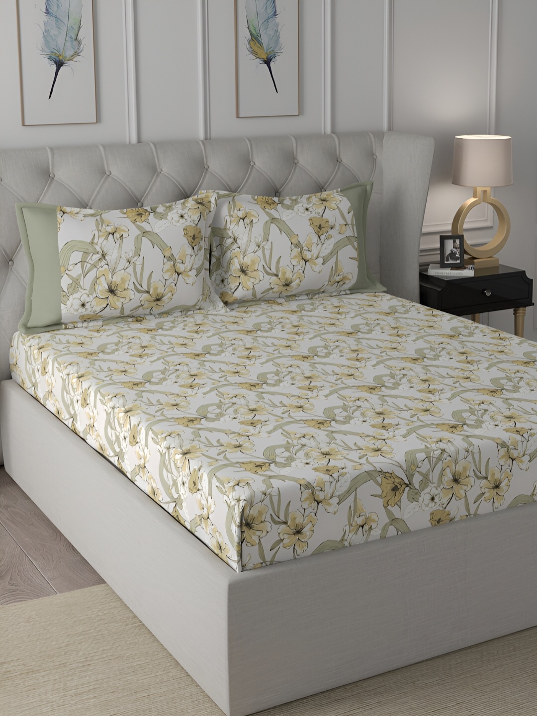 

MASPAR Backyard Patio Yellow Floral-Printed 200TC Cotton Queen Bedsheet & 2 Pillow Covers