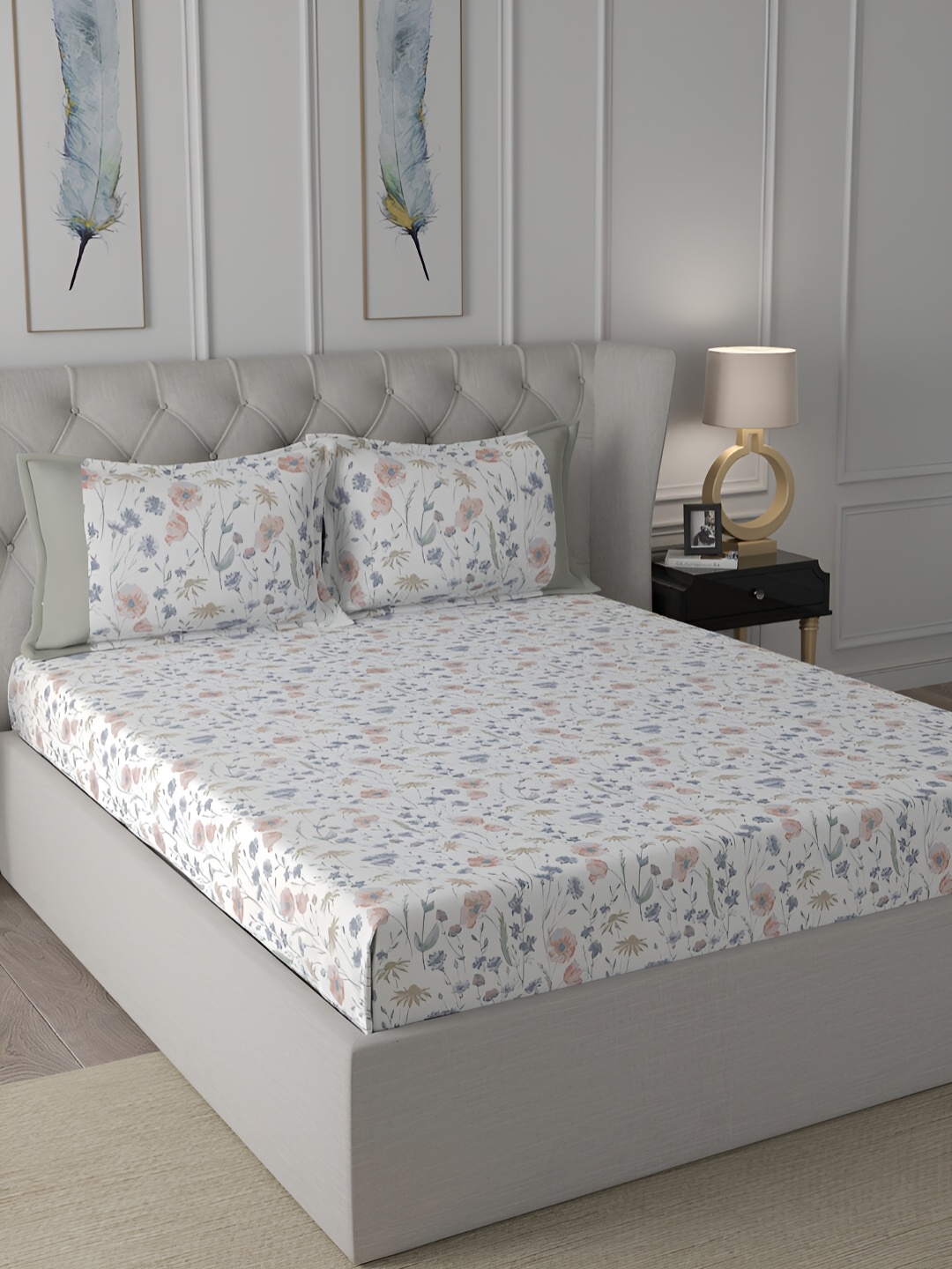 

MASPAR Regency White & Pink Floral-Printed 144TC Cotton Queen Bedsheet & Pillow Cover