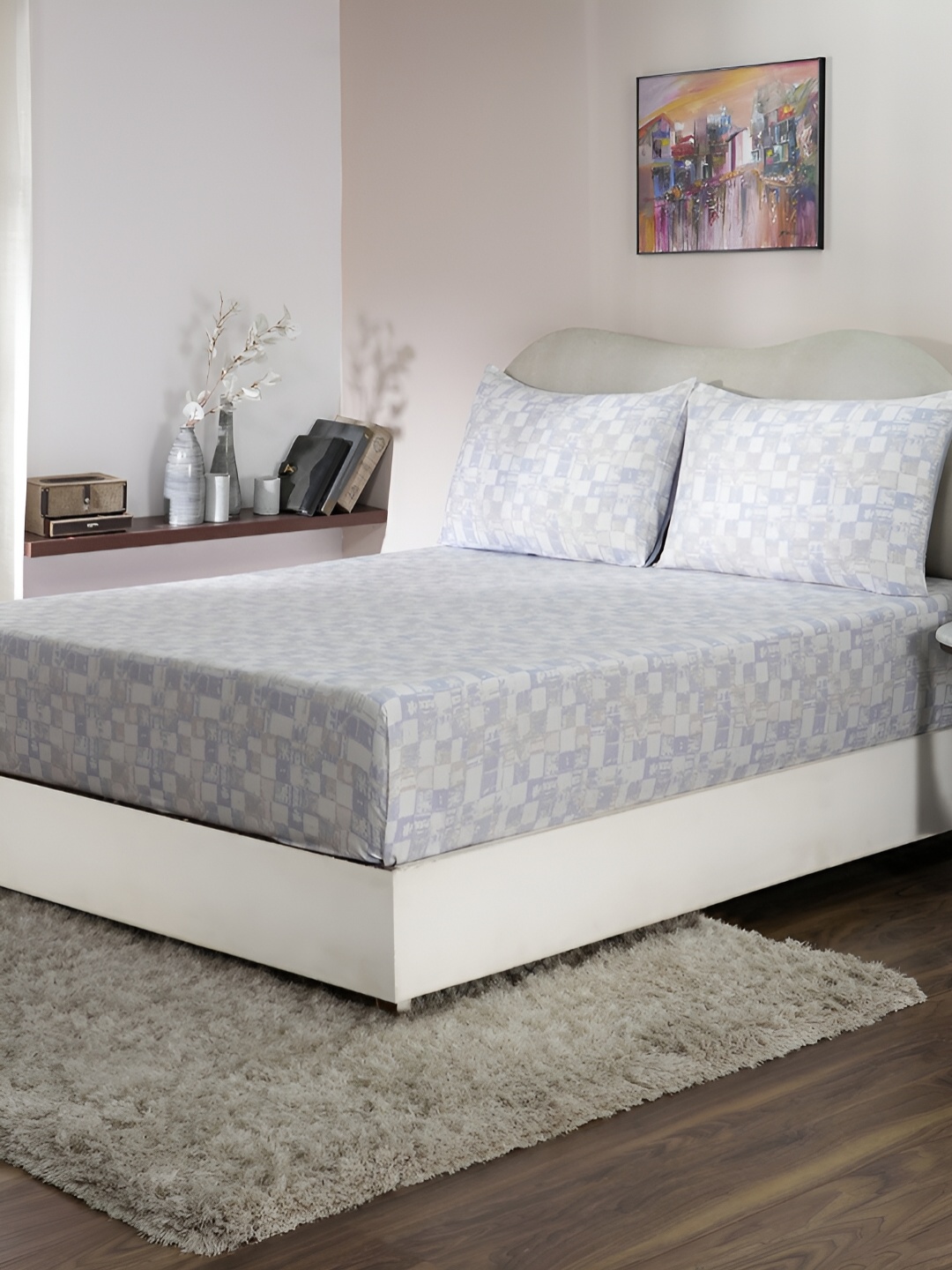 

MASPAR PBS Refined Retro White & Blue Printed 210TC Cotton King Bedsheet & Pillow Cover