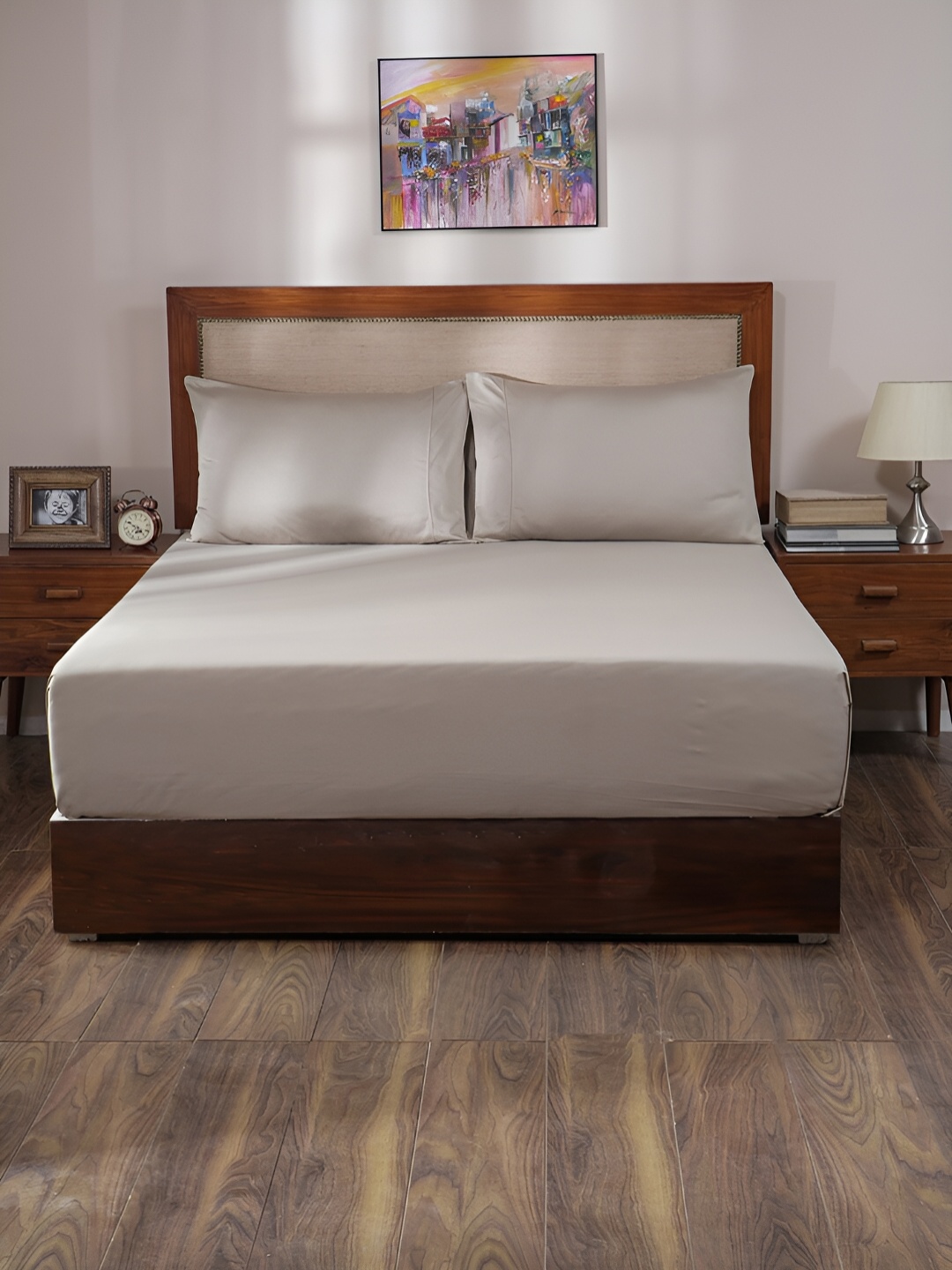 MASPAR Melin Cream 400TC Cotton King Bedsheet & Pillow Cover, Grey