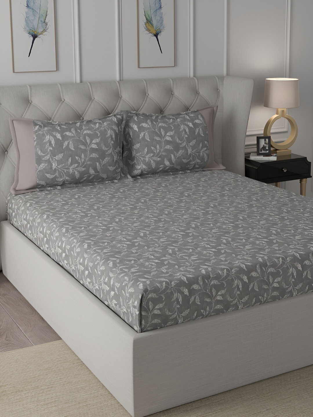 

MASPAR Backyard Patio Grey Floral Printed 200TC Cotton Single Bedsheet & Pillow Cover