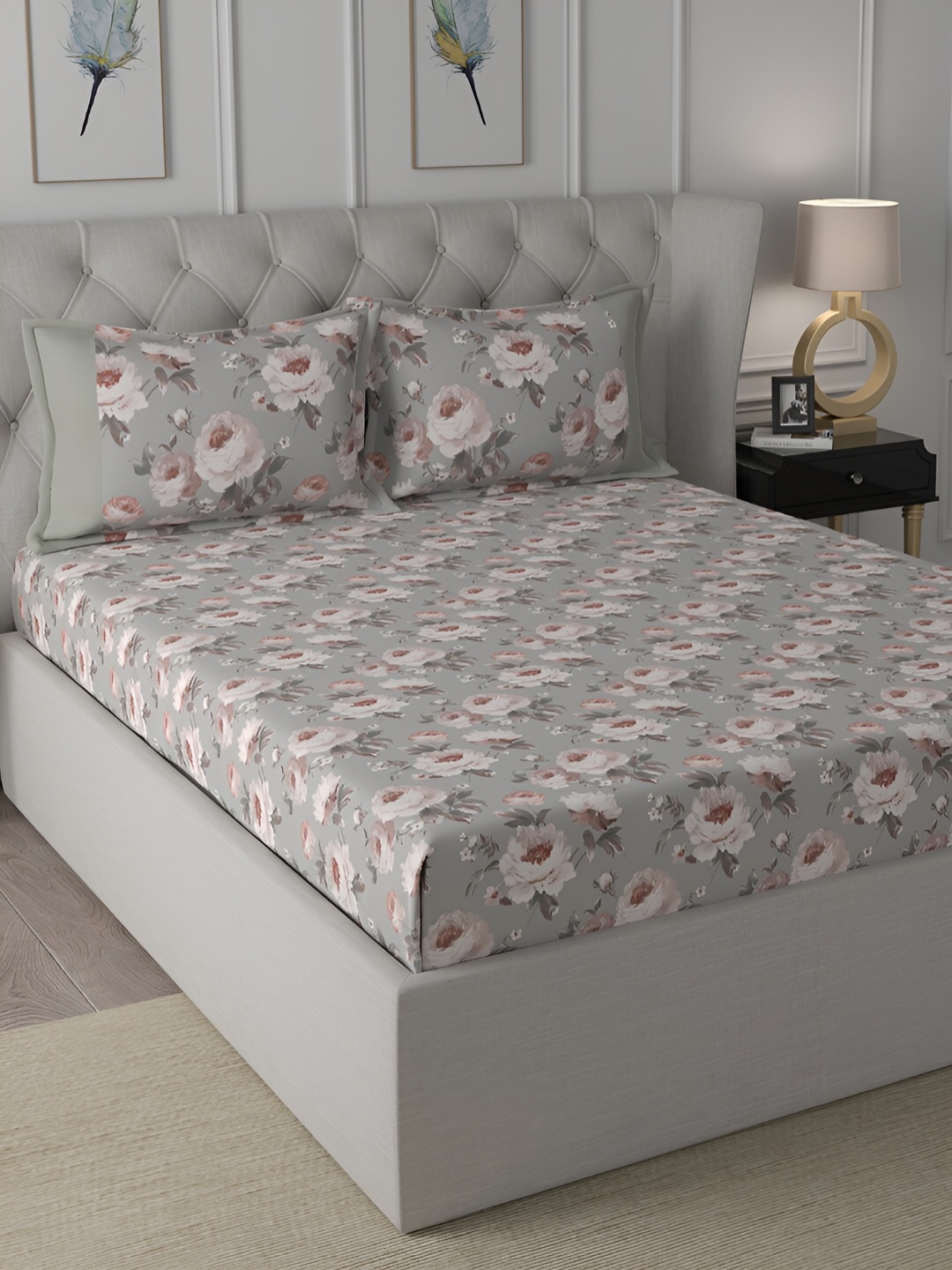 

MASPAR Regency Grey & Pink Floral Printed 144TC Cotton King Bedsheet & Pillow Cover