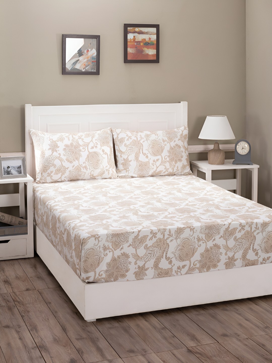

MASPAR Royal Botanic Beige Floral-Printed 200TC Cotton King Bedsheet & 2 Pillow Cover