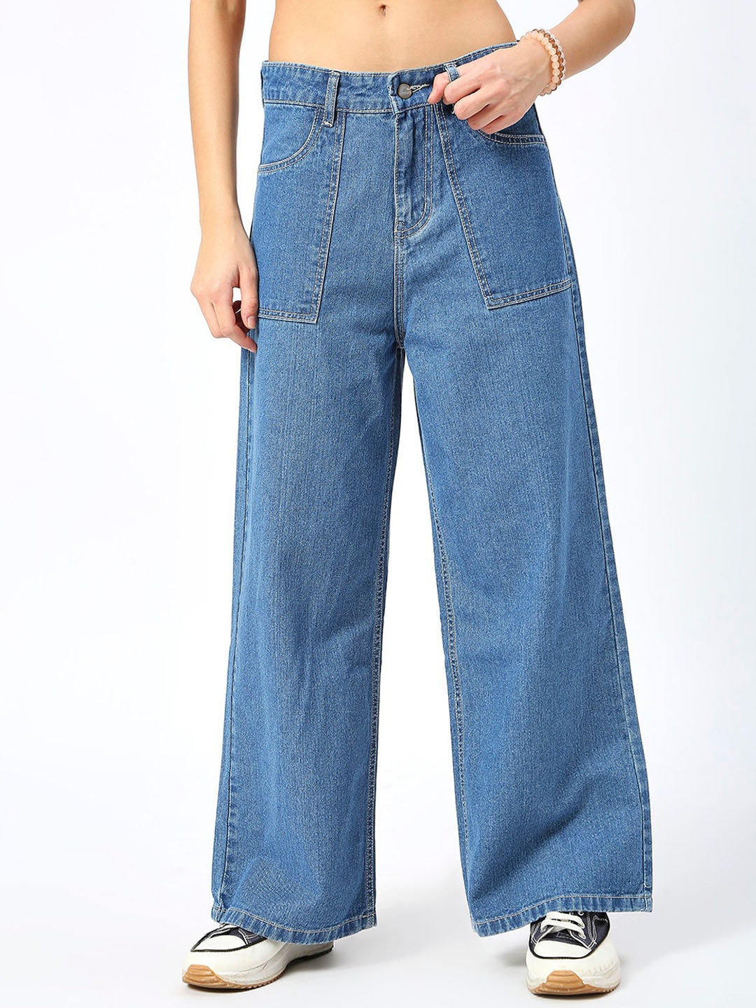 

HJ HASASI Women Wide Leg High Rise Clean Look Cotton Jeans, Blue