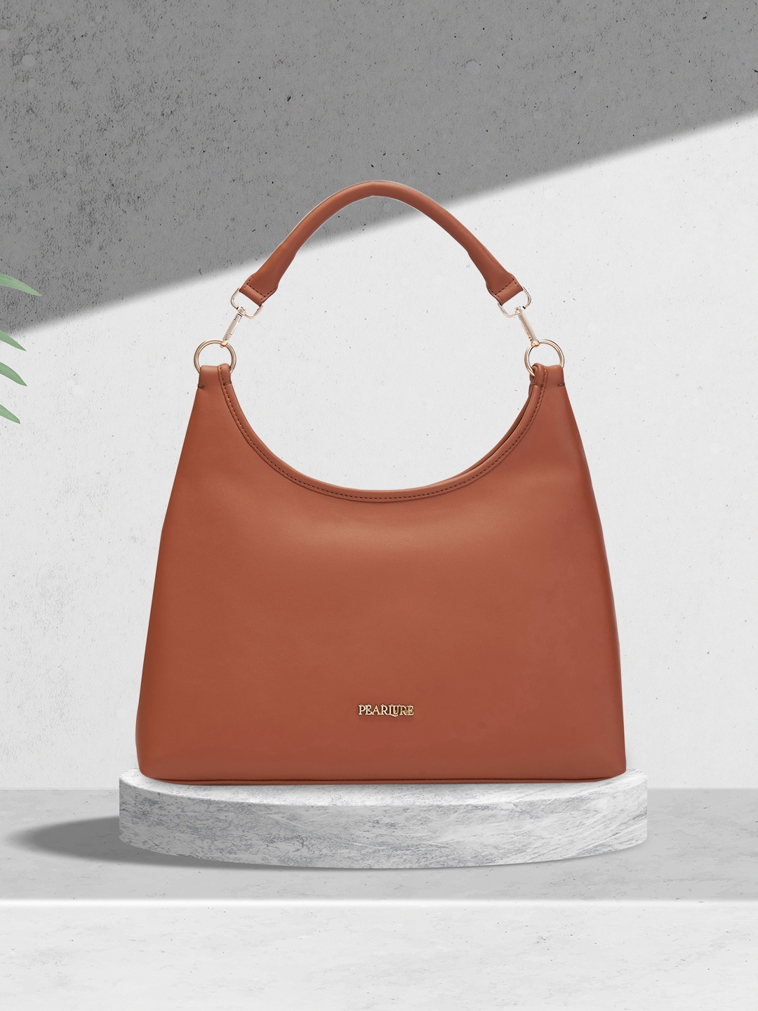 

Pearlure Textured Structured Hobo Bag, Tan