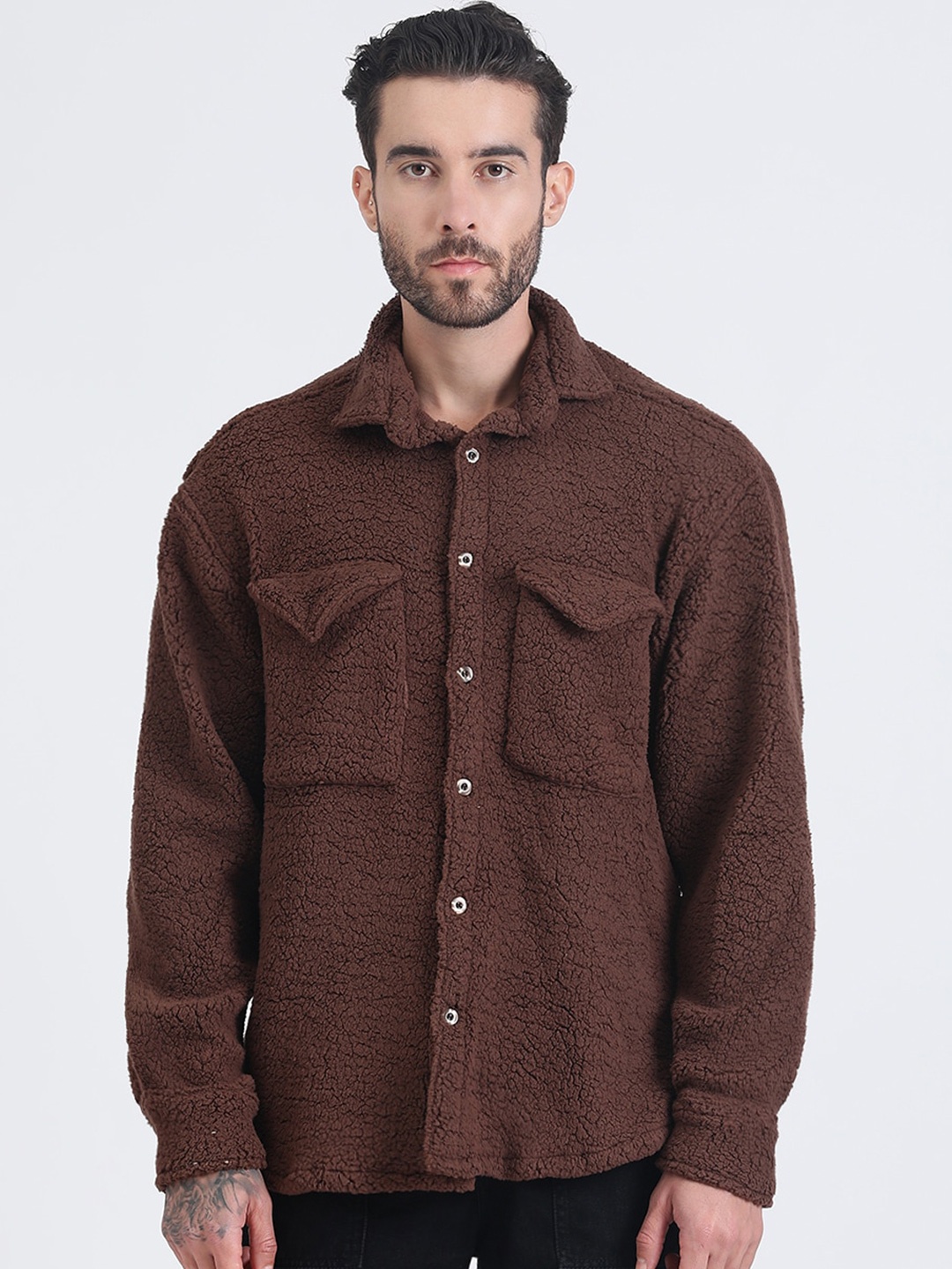 

HEMSTERS Comfort Self Design Cuban Collar Cotton Casual Shacket, Brown