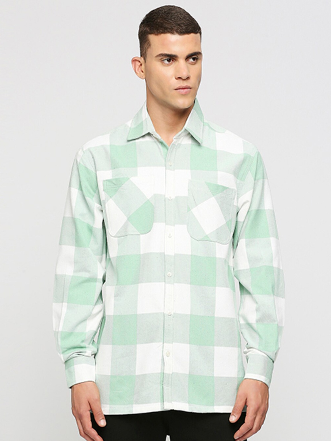 

HEMSTERS Comfort Relaxed Fit Gingham Checked Cotton Casual Shirt, Green