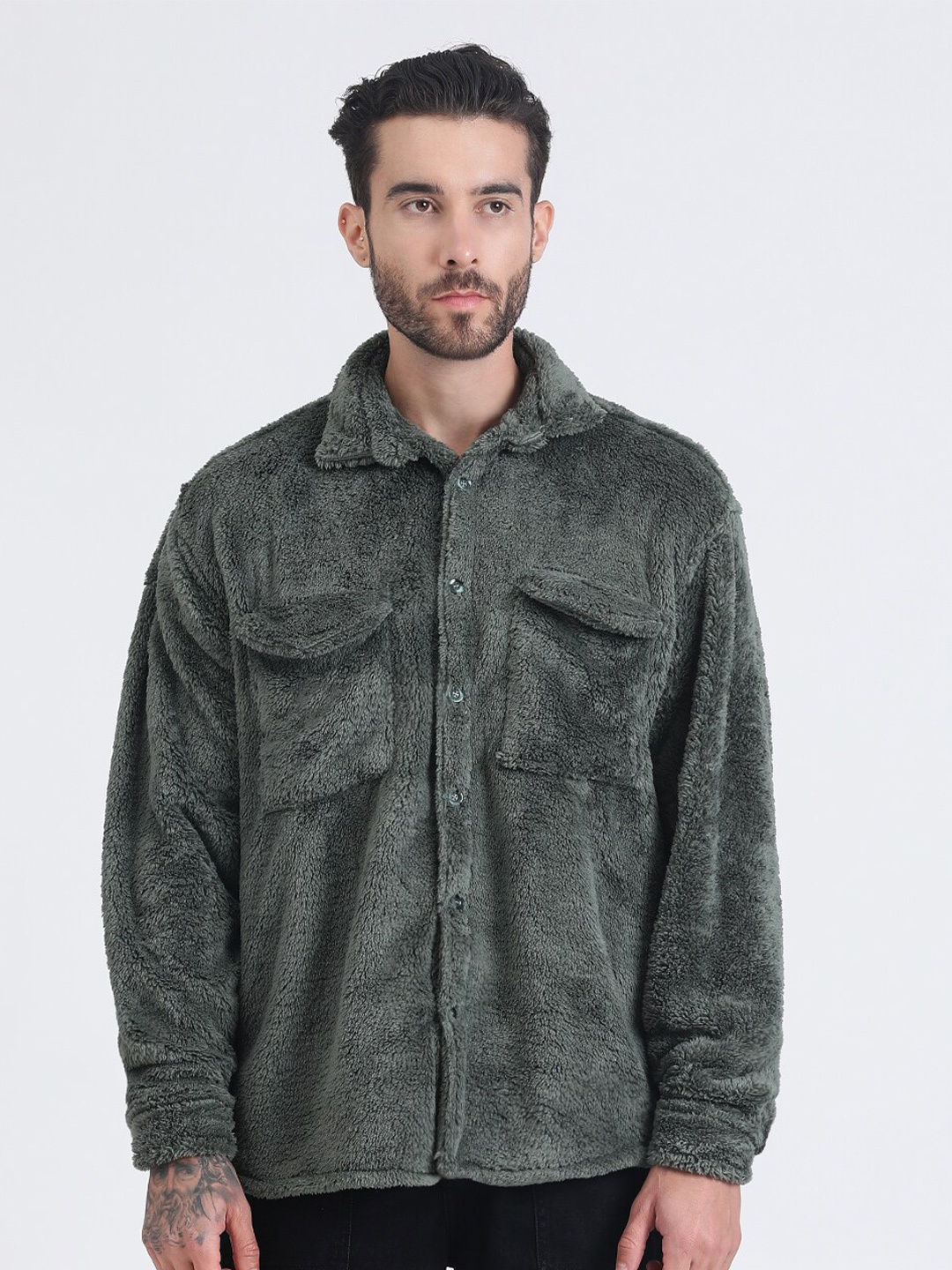 

HEMSTERS Comfort Spread Collar Long Sleeves Faded Cotton Casual Shirt Shacket, Grey