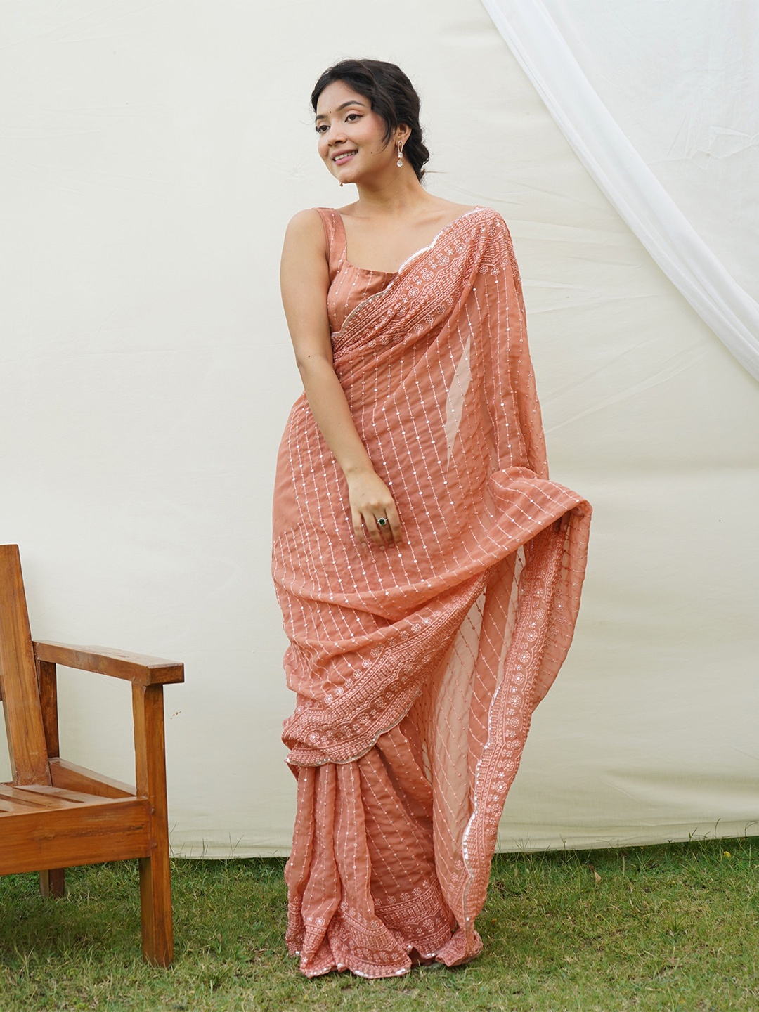 

Mitera Striped Embellished Sequinned Pure Georgette Saree, Peach