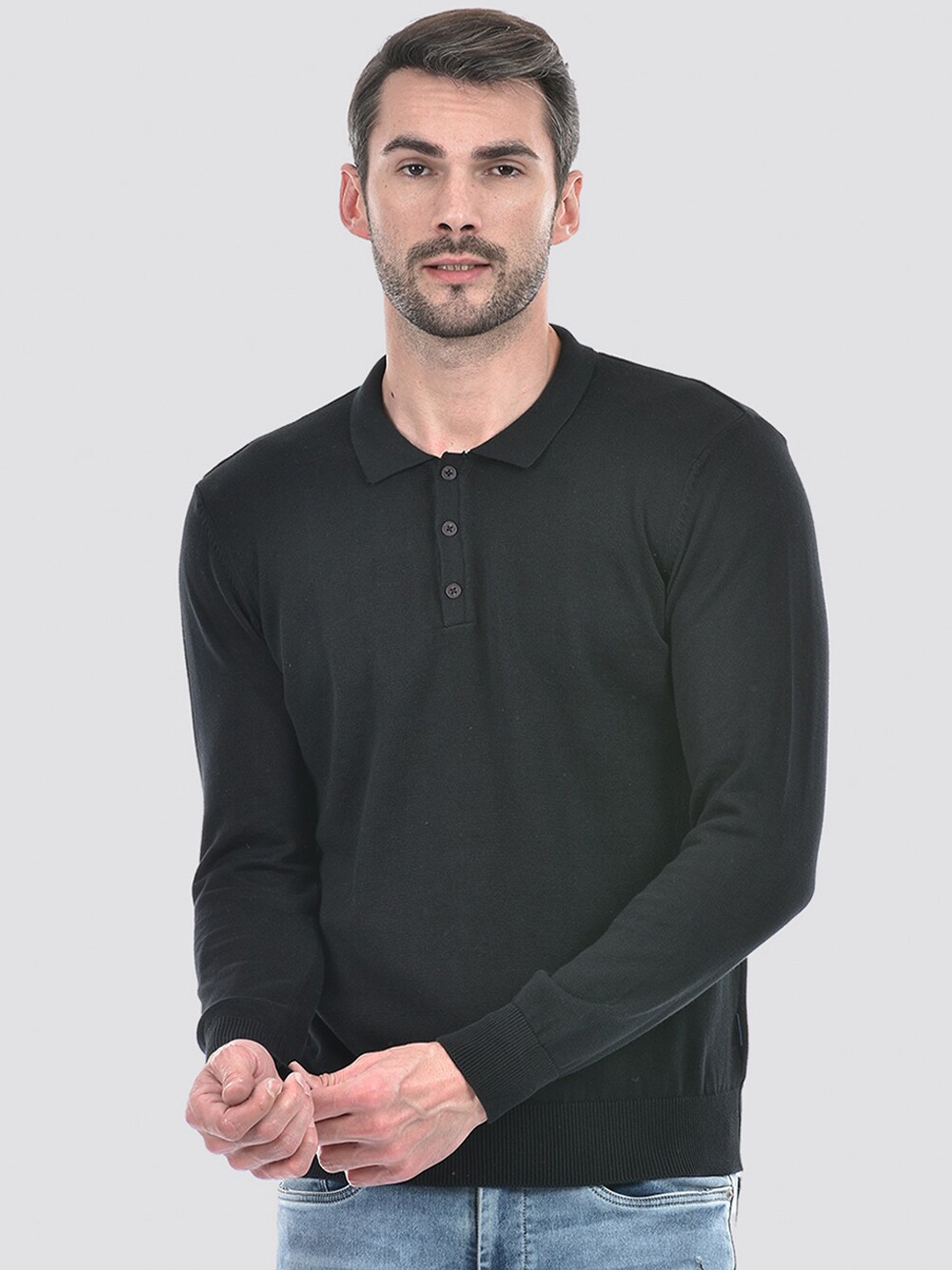 

Numero Uno Lapel Collar Long Sleeves Cotton Pullover Sweater, Black