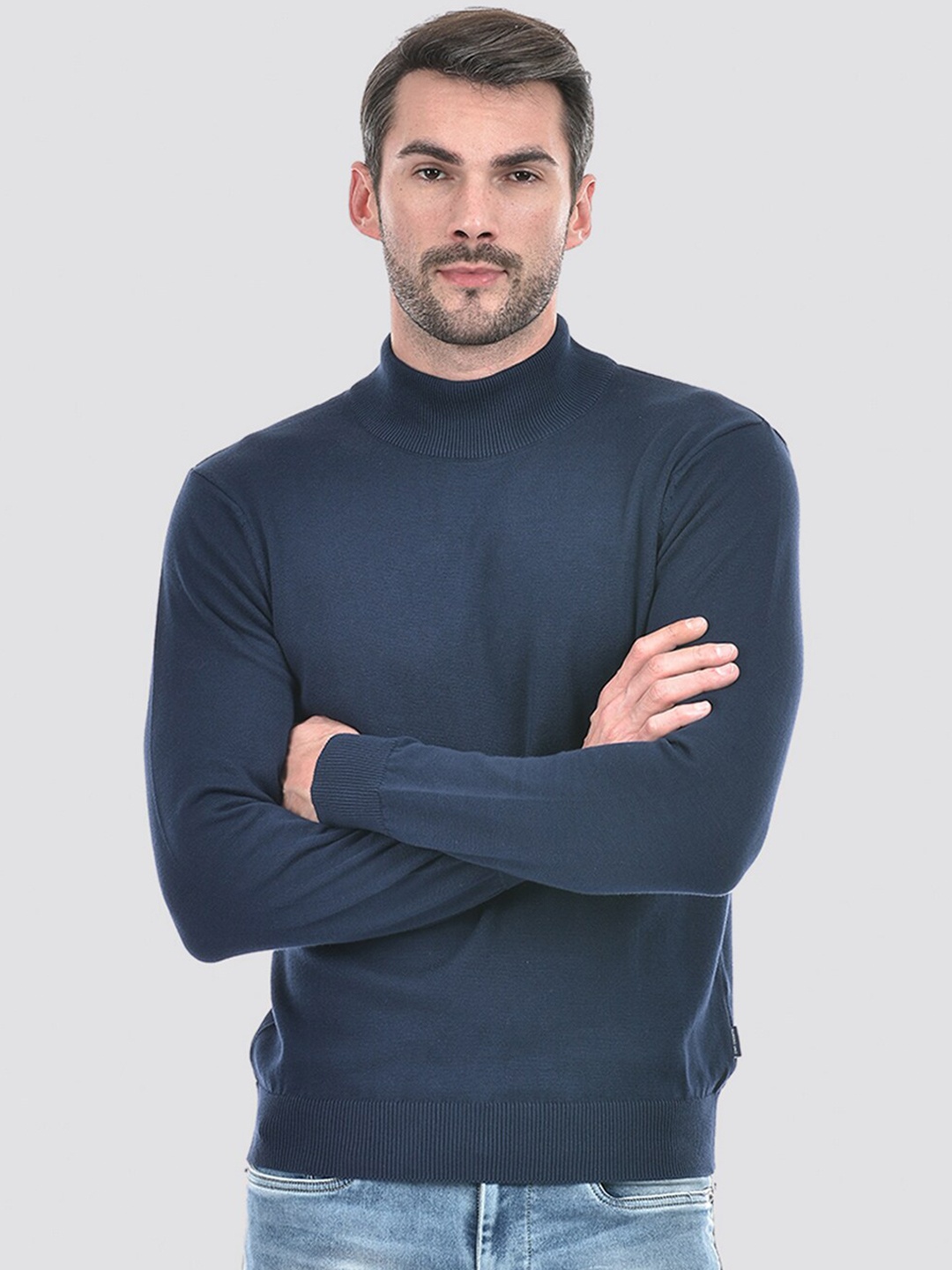 

Numero Uno Turtle Neck Long Sleeves Cotton Pullover Sweater, Navy blue