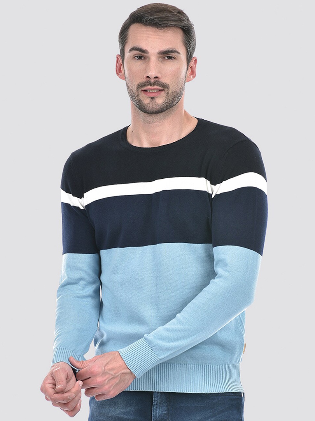 

Numero Uno Round Neck Long Sleeves Cotton Colourblocked Pullover, Black