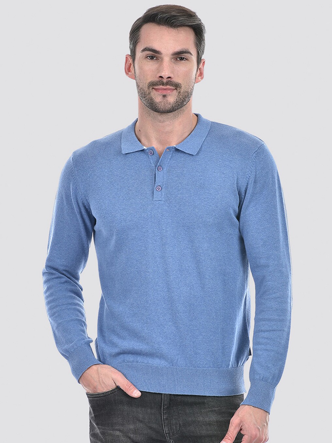 

Numero Uno Lapel Collar Long Sleeves Cotton Pullover Sweater, Blue