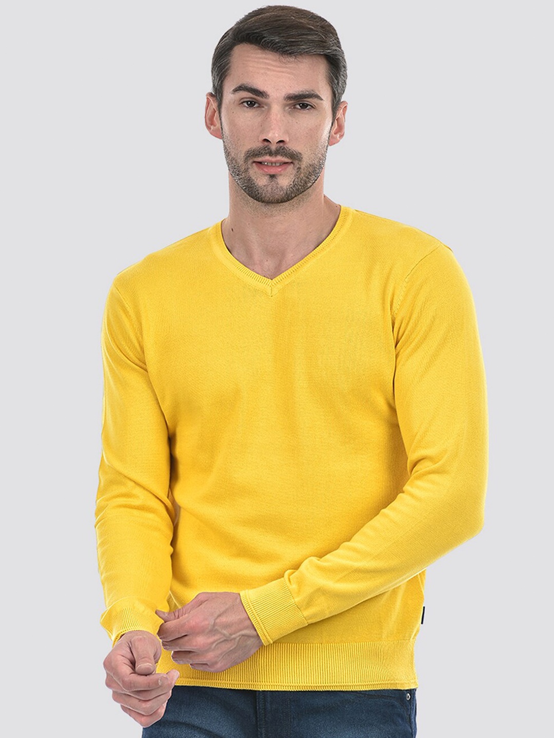 

Numero Uno V Neck Long Sleeves Cotton Pullover Sweater, Yellow