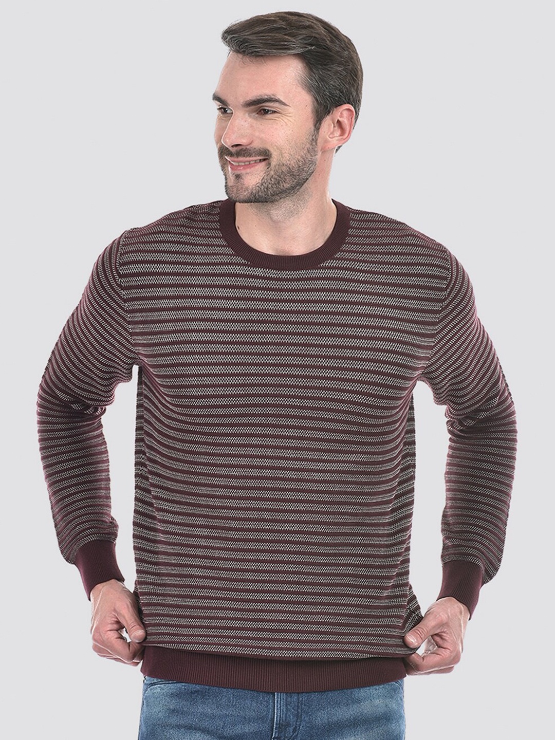 

Numero Uno Round Neck Long Sleeves Cotton Striped Pullover Sweater, Brown