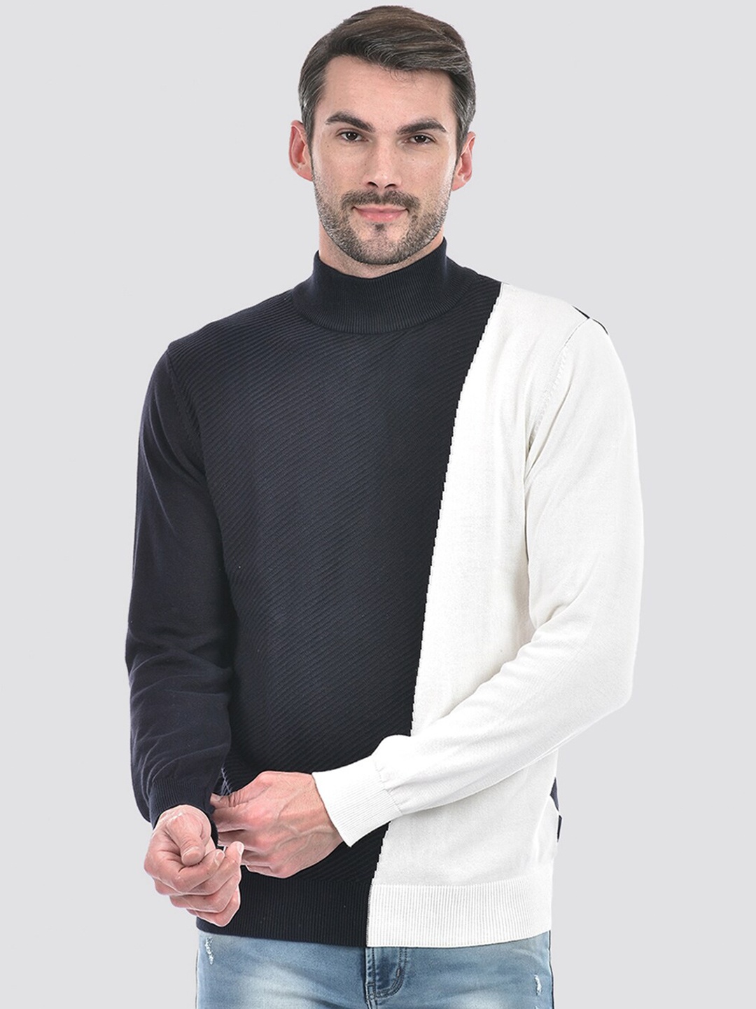 

Numero Uno Turtle Neck Long Sleeves Colourblocked Pullover Sweater, Navy blue