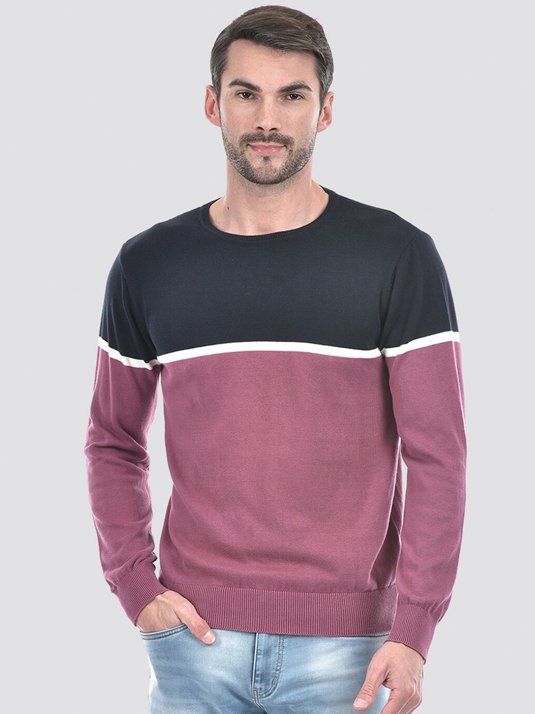 

Numero Uno Round Neck Long Sleeves Cotton Colourblocked Pullover, Navy blue