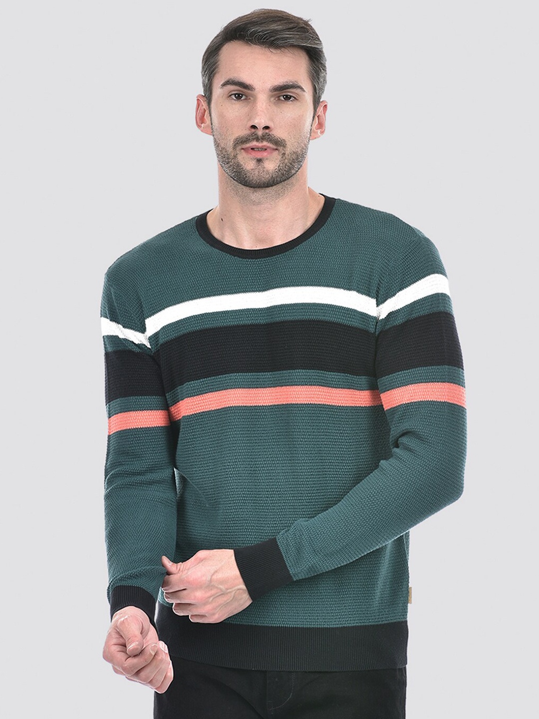 

Numero Uno Round Neck Long Sleeves Cotton Striped Pullover, Green