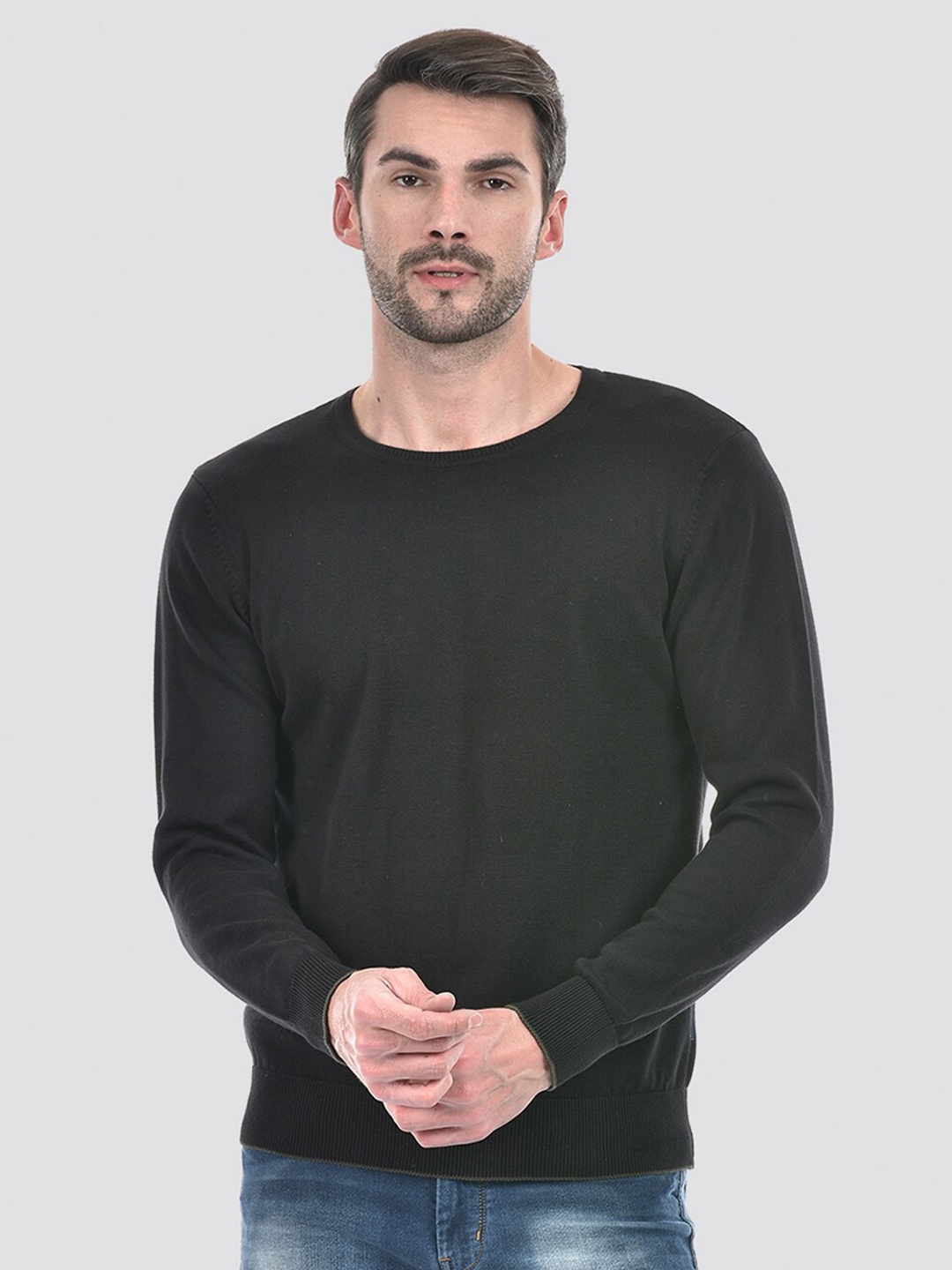 

Numero Uno Round Neck Long Sleeves Cotton Pullover Sweater, Black