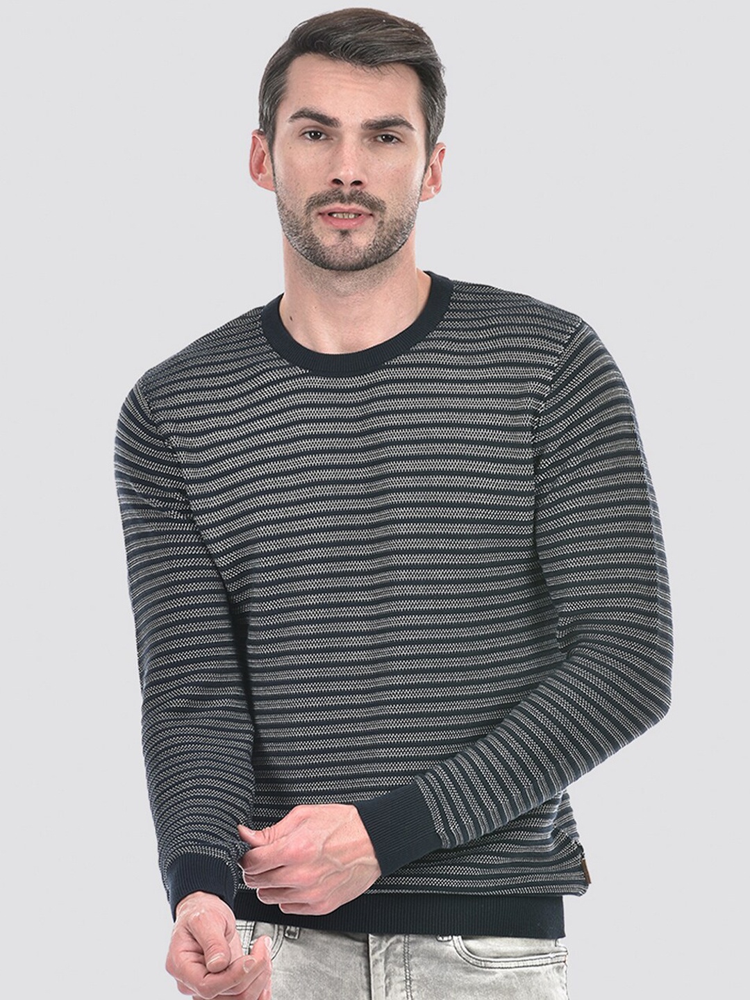 

Numero Uno Round Neck Long Sleeves Cotton Striped Pullover, Navy blue