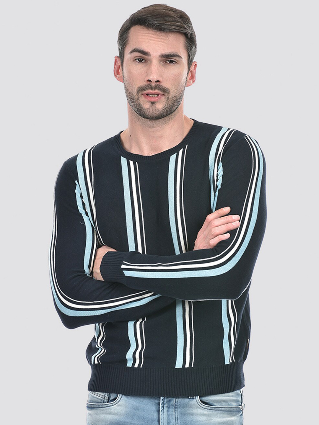 

Numero Uno Round Neck Long Sleeves Striped Pullover Sweater, Navy blue