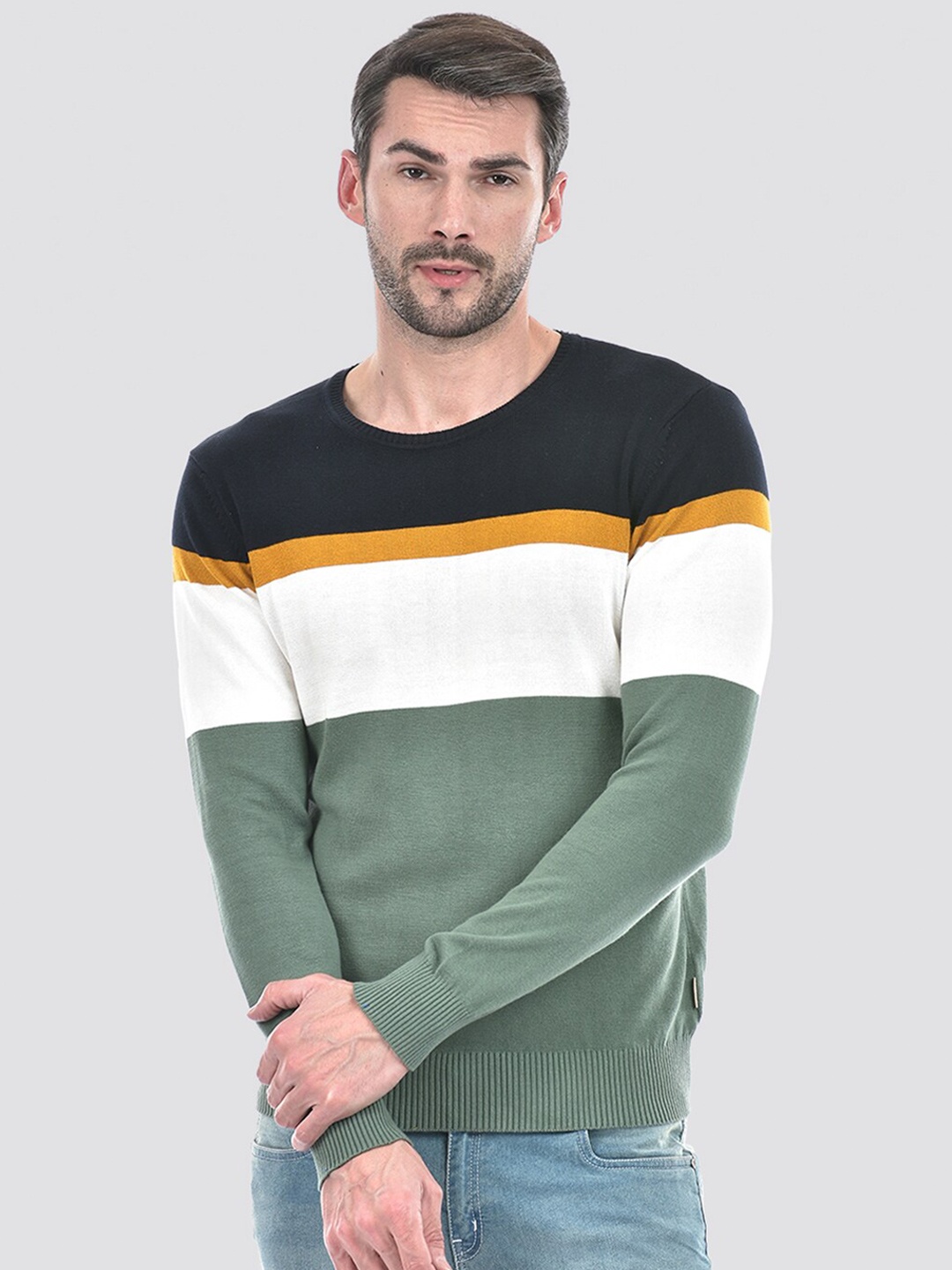 

Numero Uno Round Neck Long Sleeves Cotton Colourblocked Pullover, Green