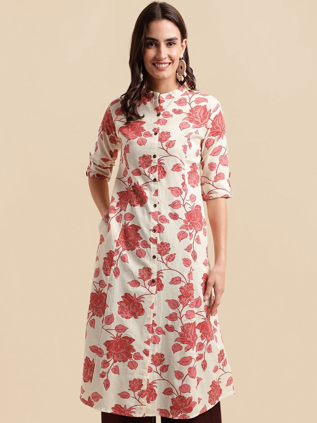 

MIRCHI FASHION Floral Printed Mandarin Collar Roll-Up Sleeves A-Line Kurta, Cream