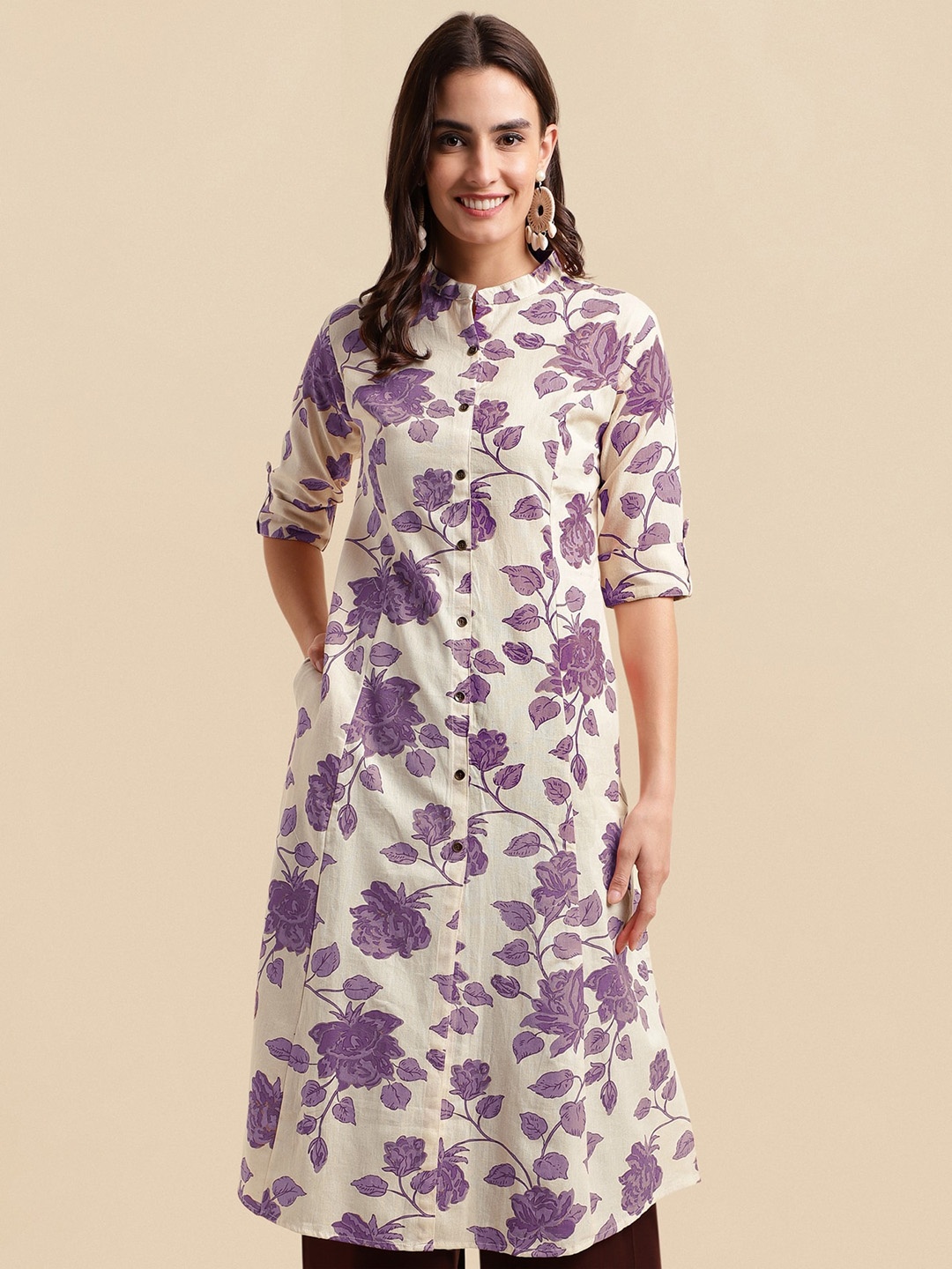

MIRCHI FASHION Floral Printed Mandarin Collar Roll-Up Sleeves A-Line Kurta, Cream